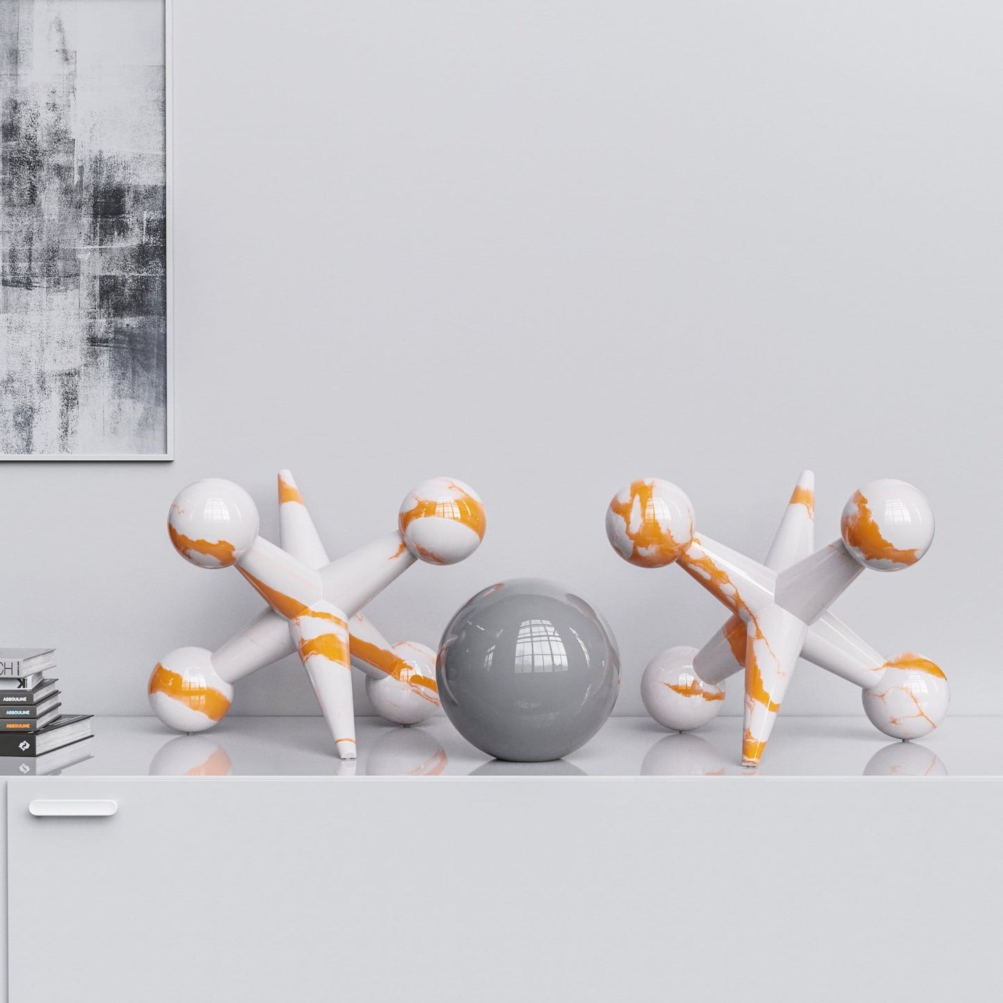 Ceramic 18"Jacks & 10" Ball  Set - White Marbles - Synchrony Art INC