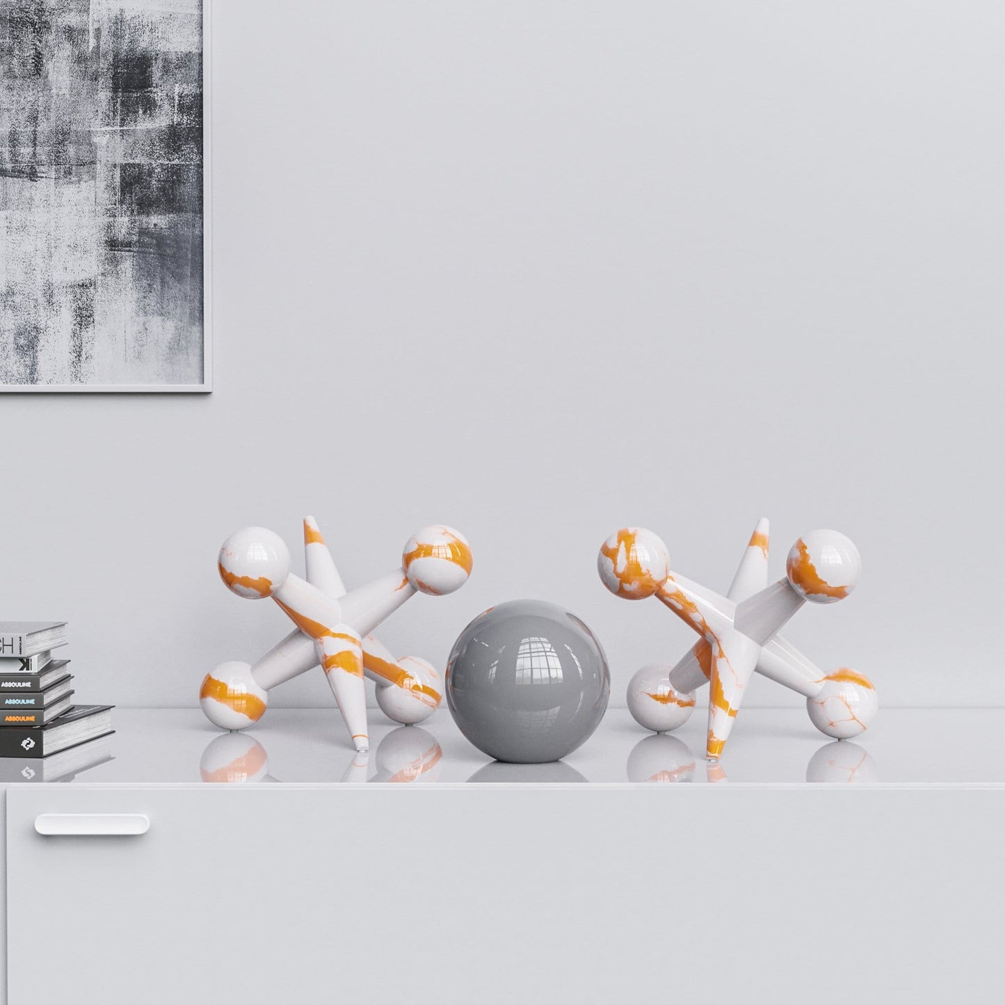 Ceramic 12"Jacks & 7" Ball  Set - White Marbles - Synchrony Art INC