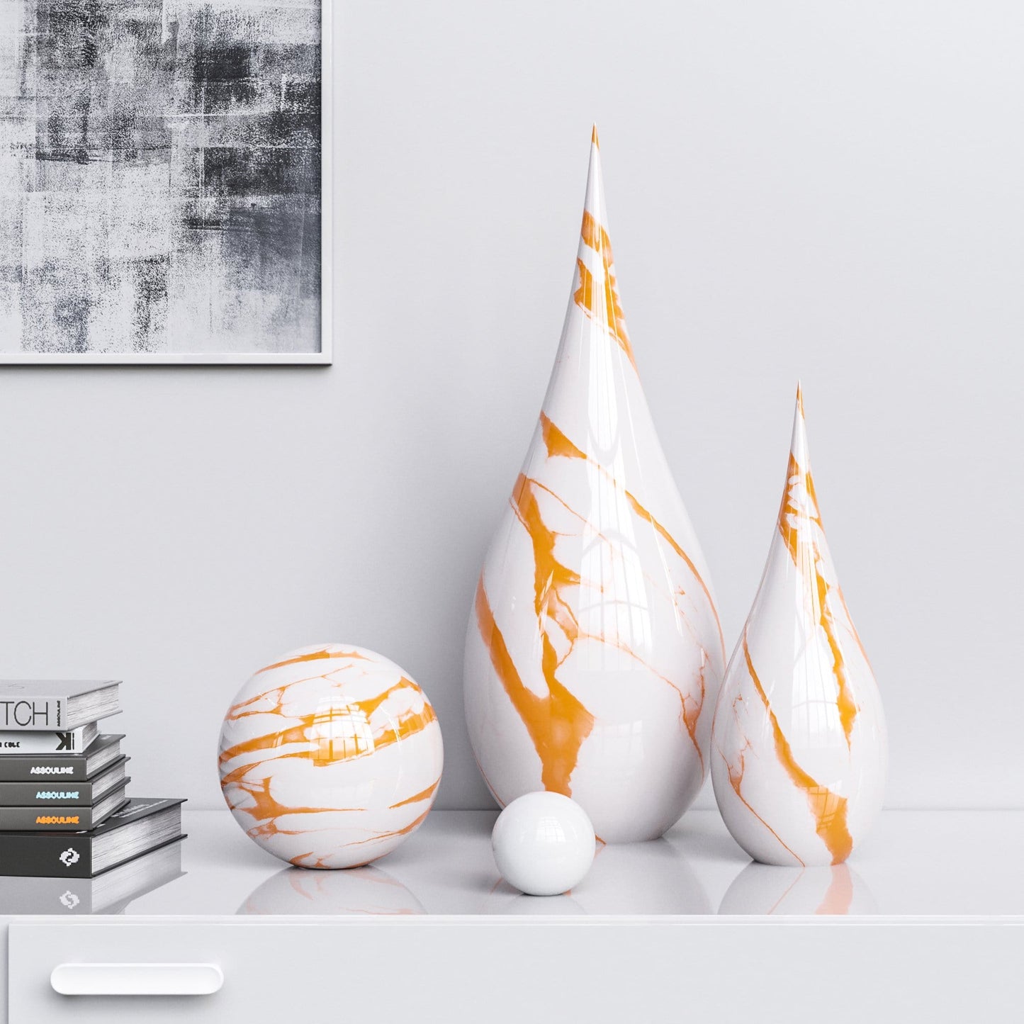 Ceramic Drop & Sphere Set - White Marbles - Synchrony Art INC