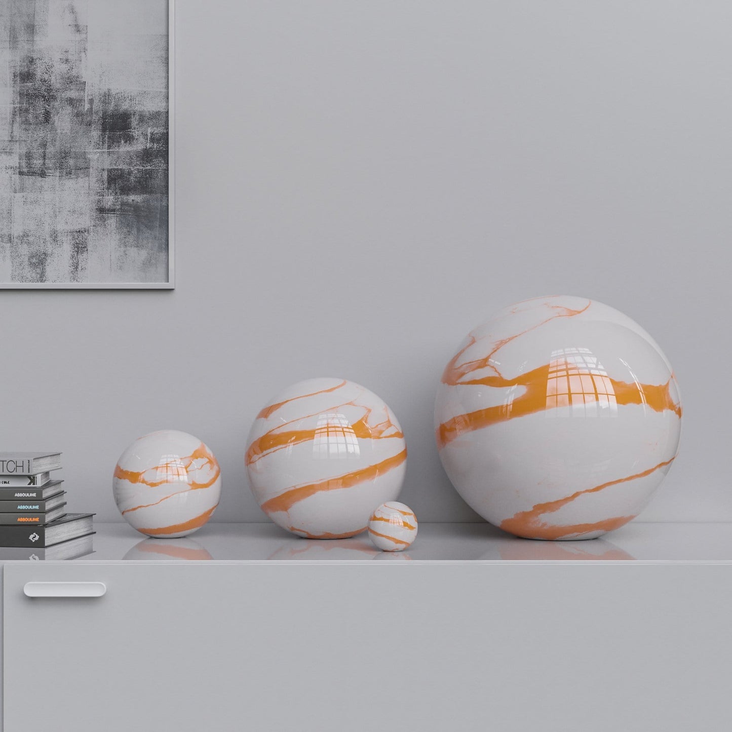 Ceramic Sphere Four Pieces Set - White Marbles - Synchrony Art INC