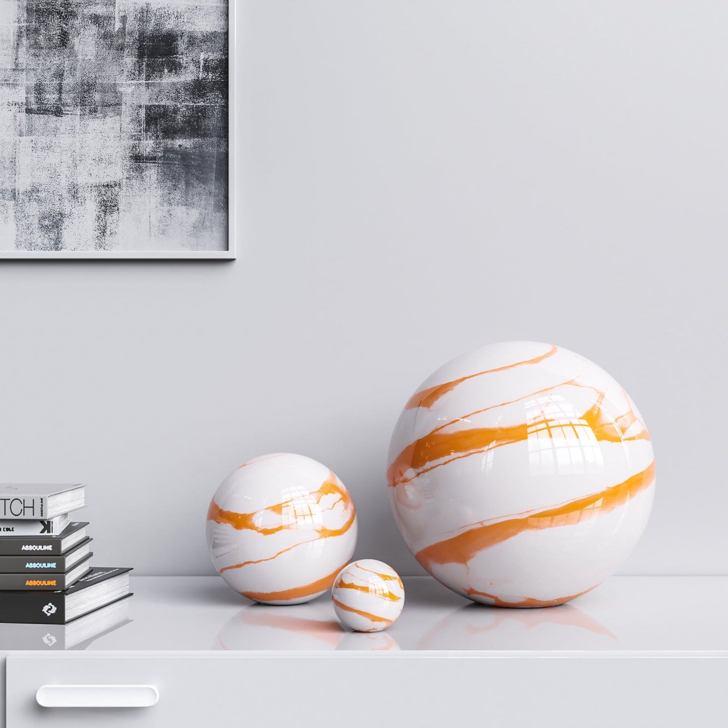 Ceramic Spheres - Three Pieces Set - White Marbles - Synchrony Art INC