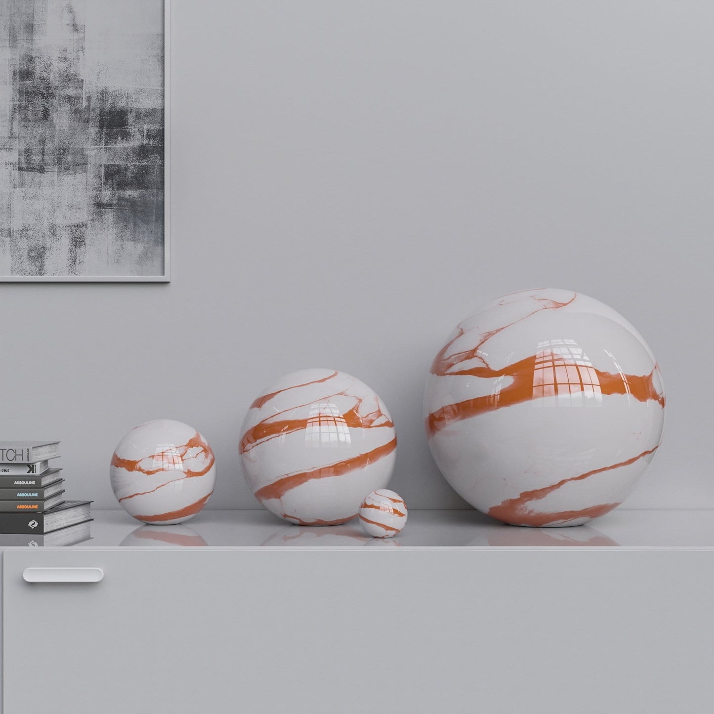 Ceramic Sphere Four Pieces Set - White Marbles - Synchrony Art INC