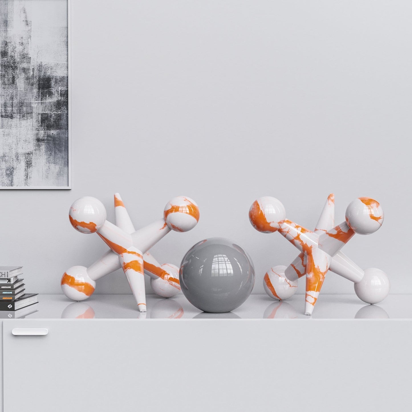 Ceramic 18"Jacks & 10" Ball  Set - White Marbles - Synchrony Art INC