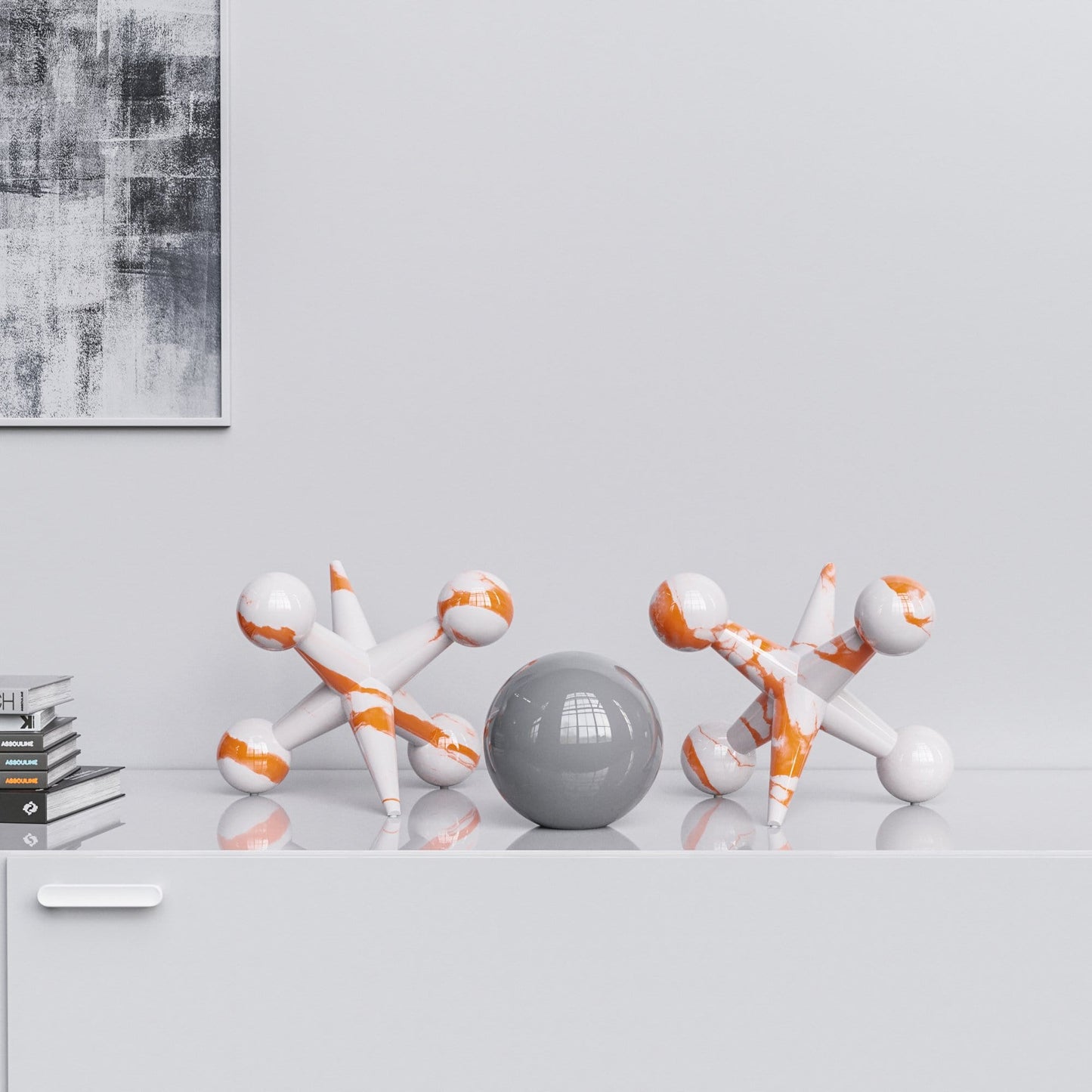 Ceramic 12"Jacks & 7" Ball  Set - White Marbles - Synchrony Art INC