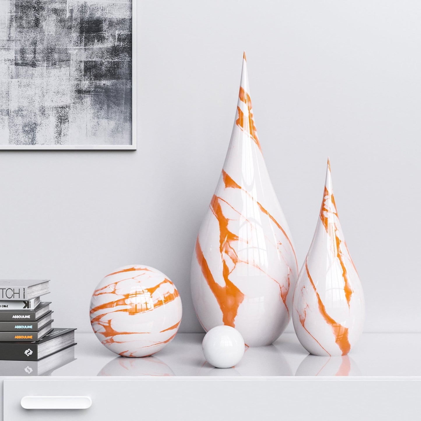 Ceramic Drop & Sphere Set - White Marbles - Synchrony Art INC