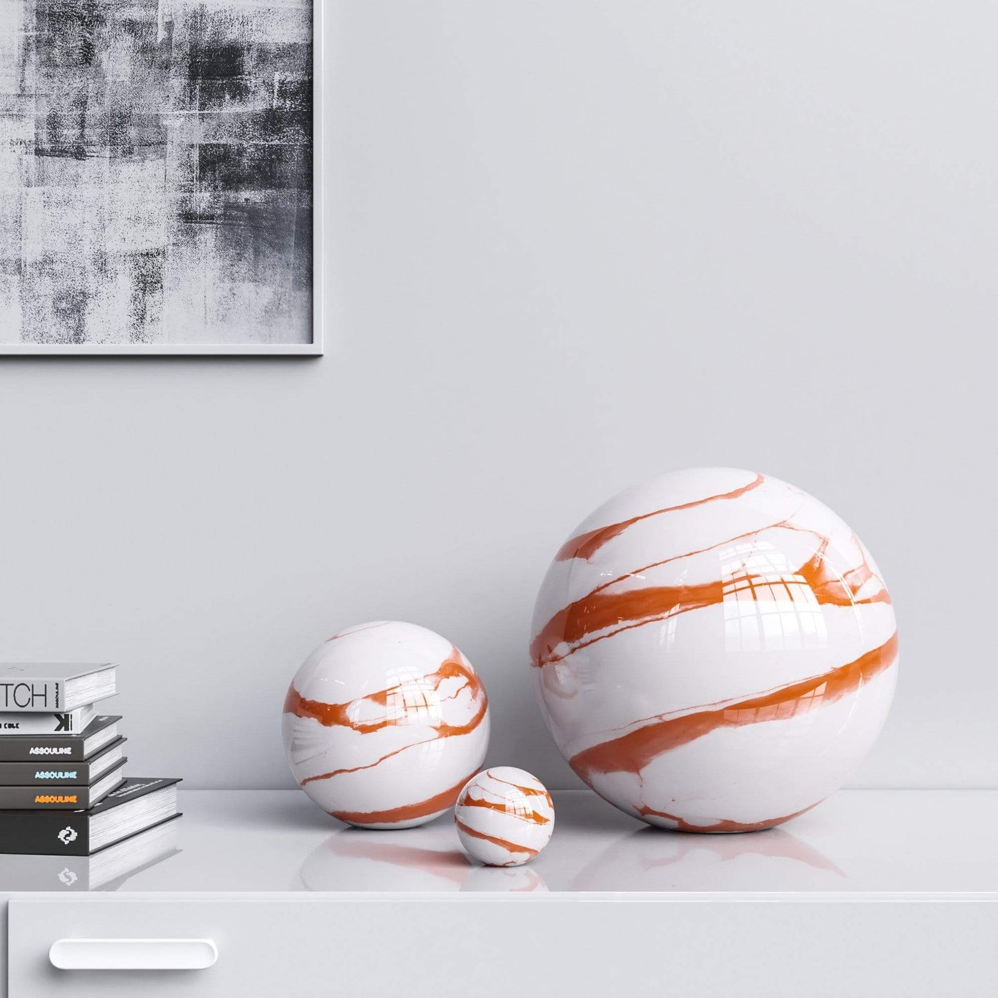 Ceramic Spheres - Three Pieces Set - White Marbles - Synchrony Art INC