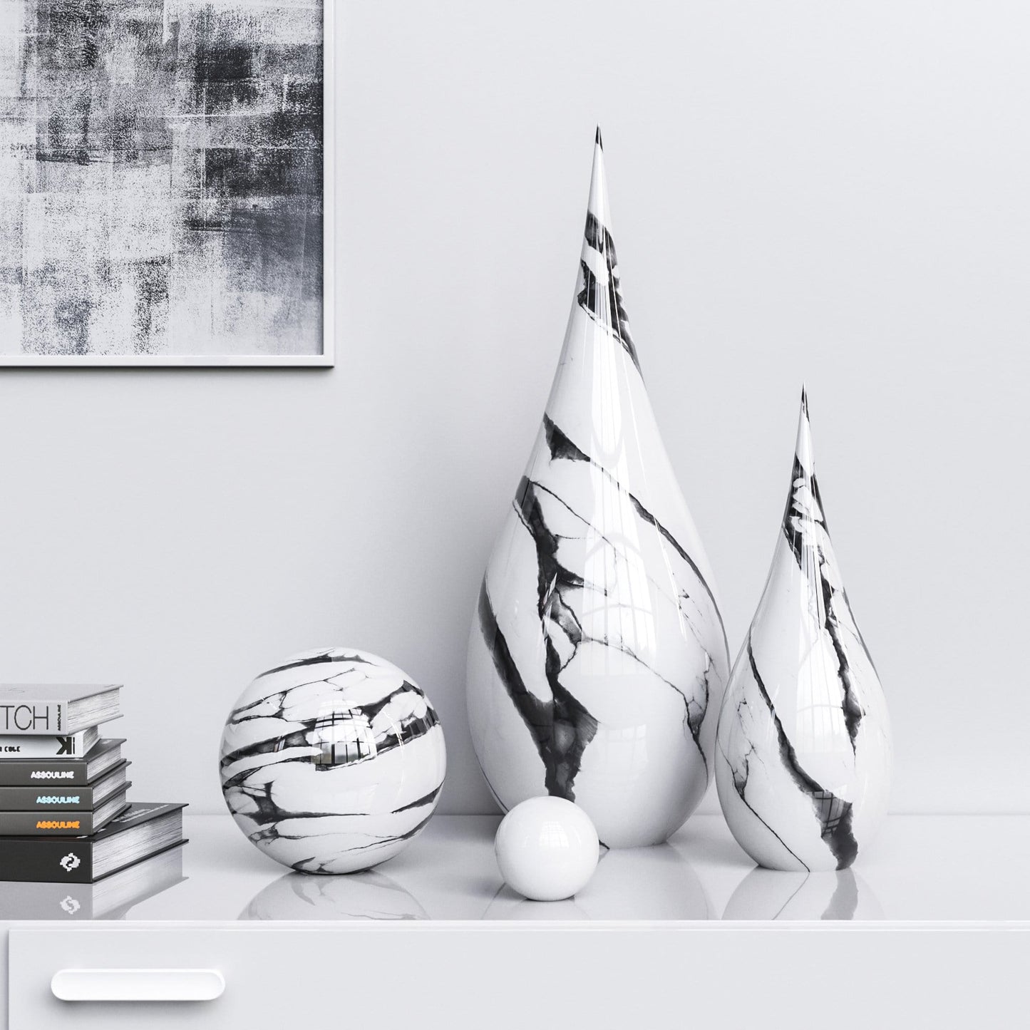 Ceramic Drop & Sphere Set - White Marbles - Synchrony Art INC