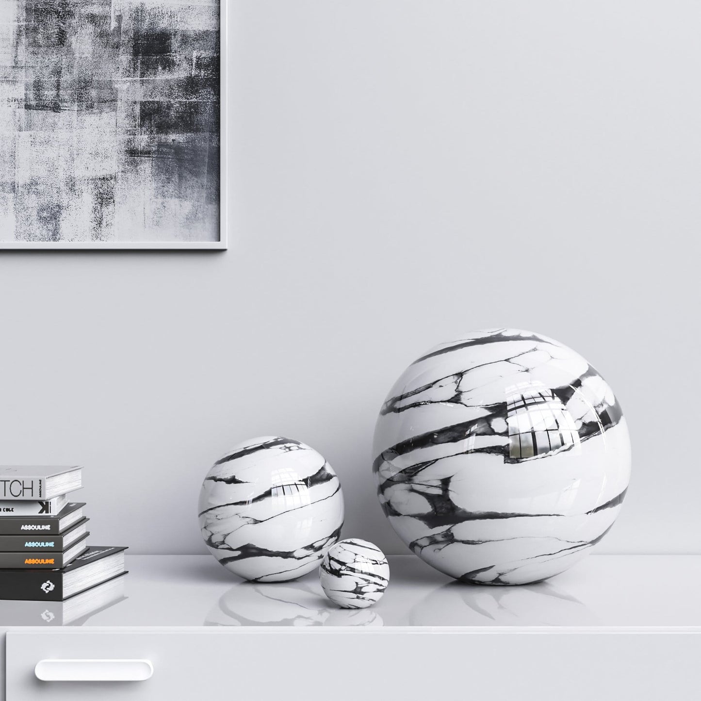 Ceramic Spheres - Three Pieces Set - White Marbles - Synchrony Art INC