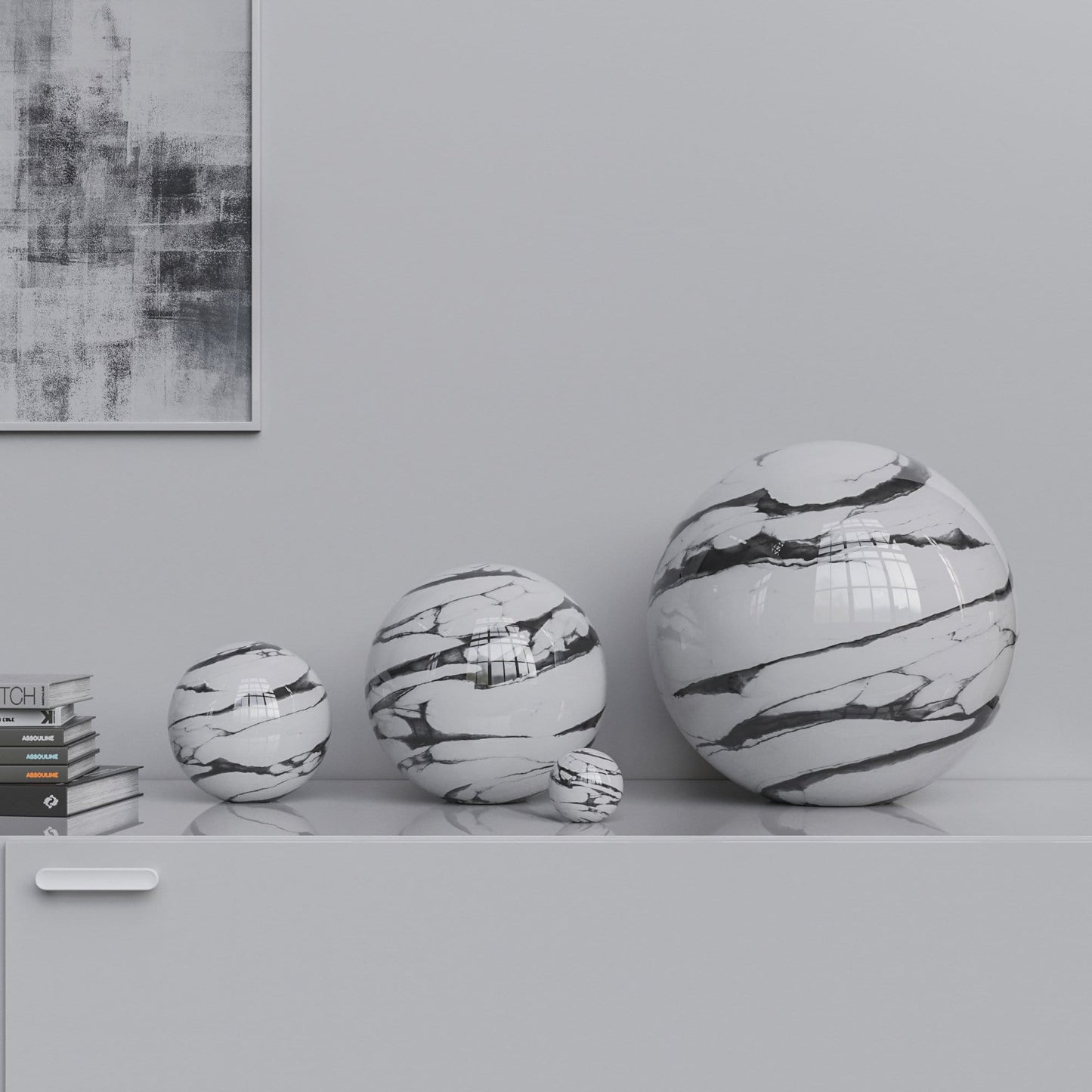 Ceramic Sphere Four Pieces Set - White Marbles - Synchrony Art INC
