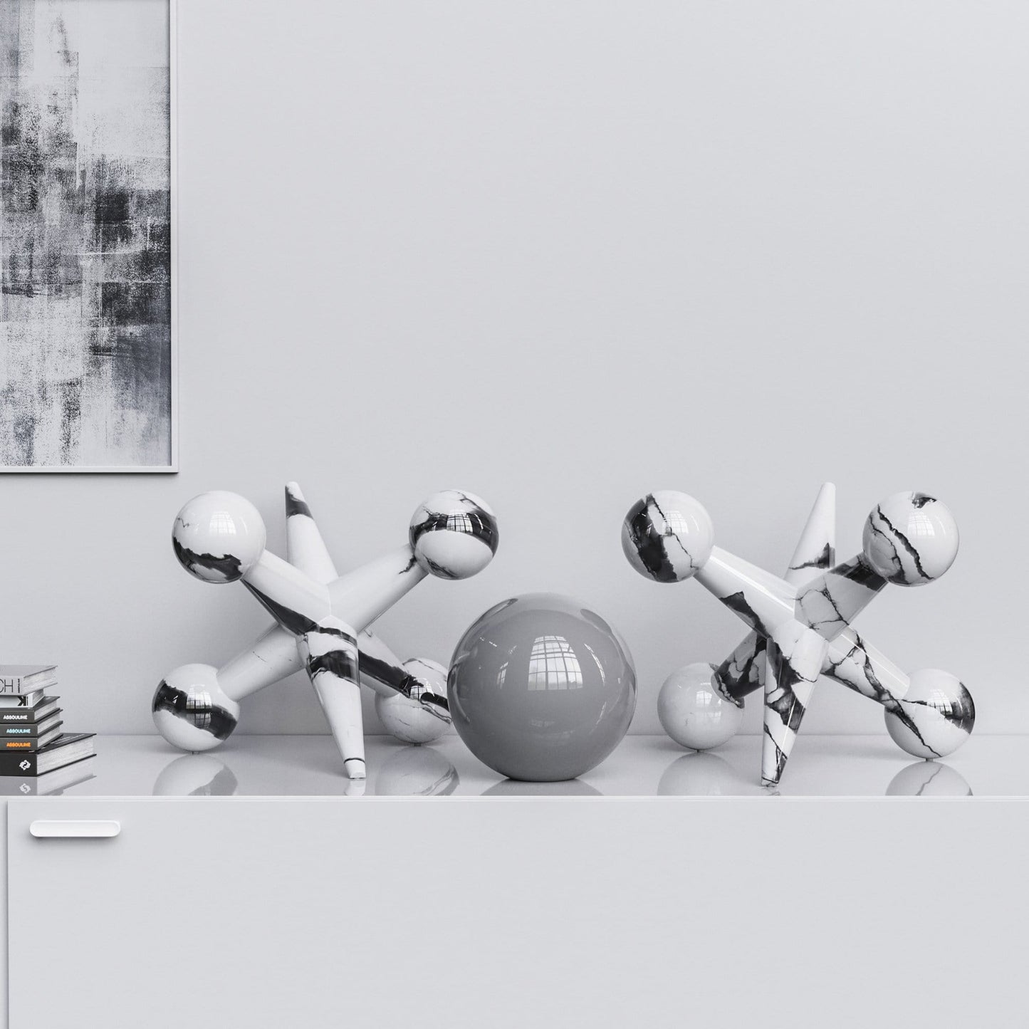 Ceramic 18"Jacks & 10" Ball  Set - White Marbles - Synchrony Art INC