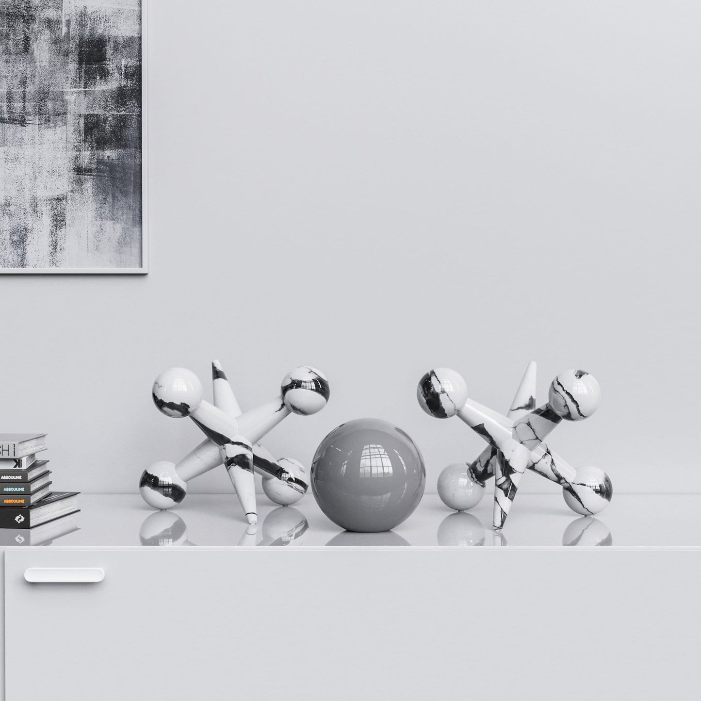 Ceramic 12"Jacks & 7" Ball  Set - White Marbles - Synchrony Art INC