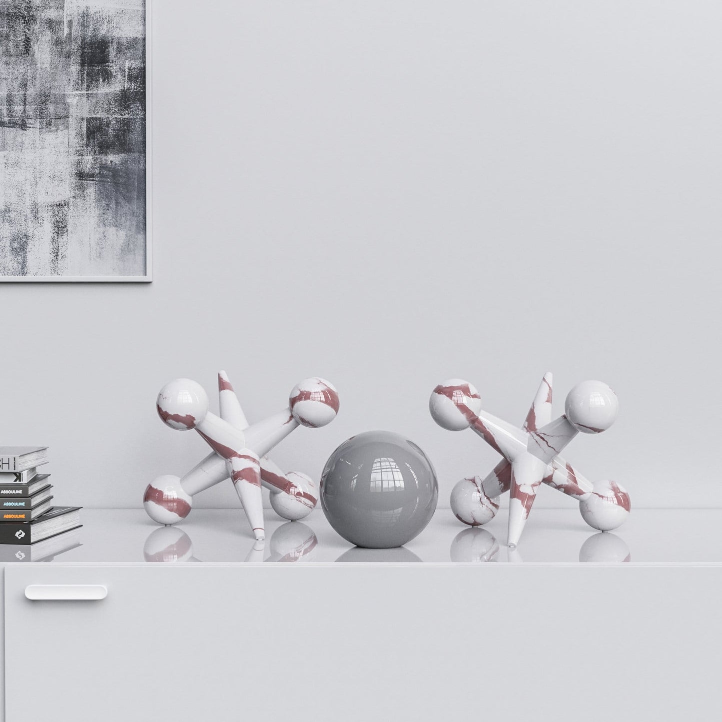 Ceramic 12"Jacks & 7" Ball  Set - White Marbles - Synchrony Art INC