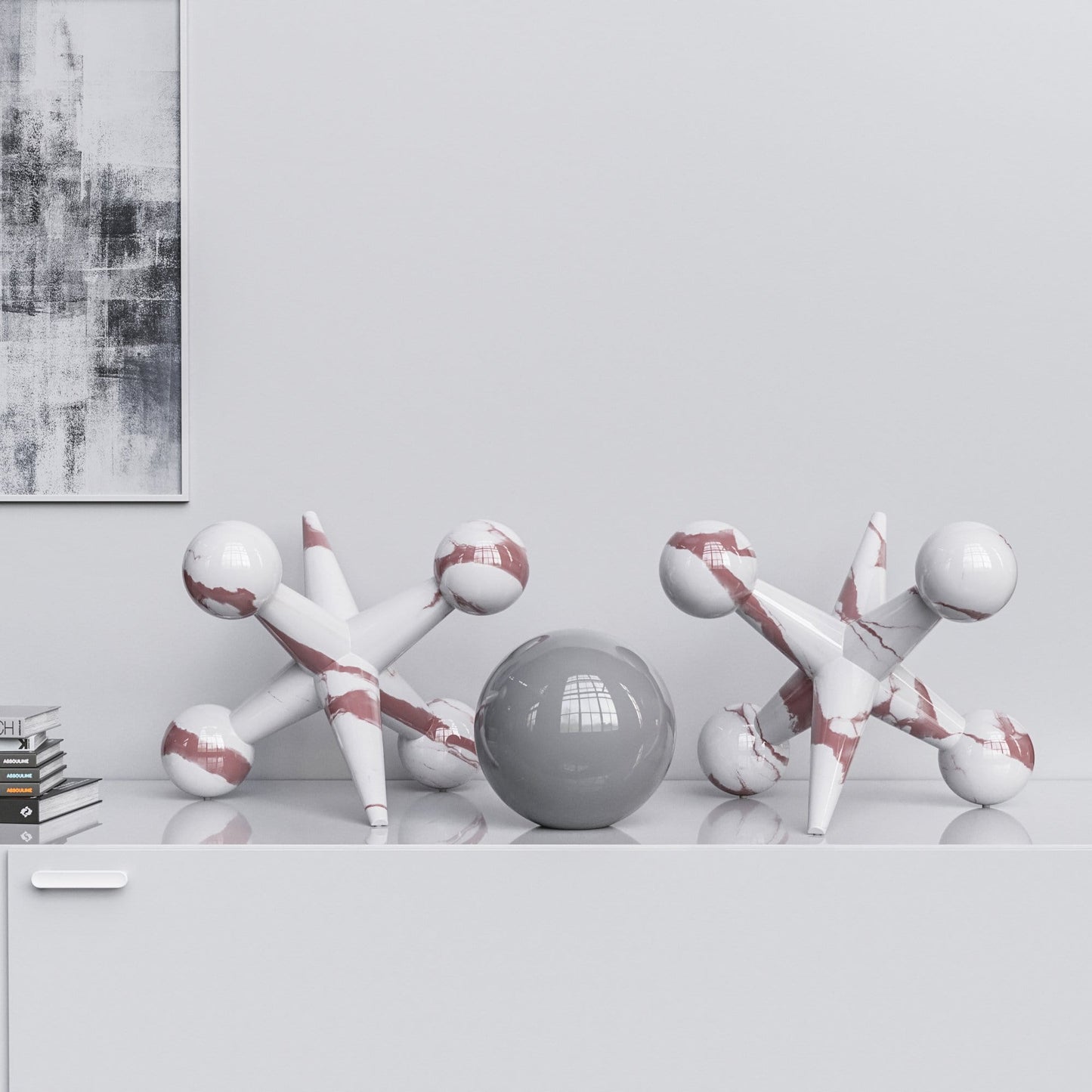 Ceramic 18"Jacks & 10" Ball  Set - White Marbles - Synchrony Art INC