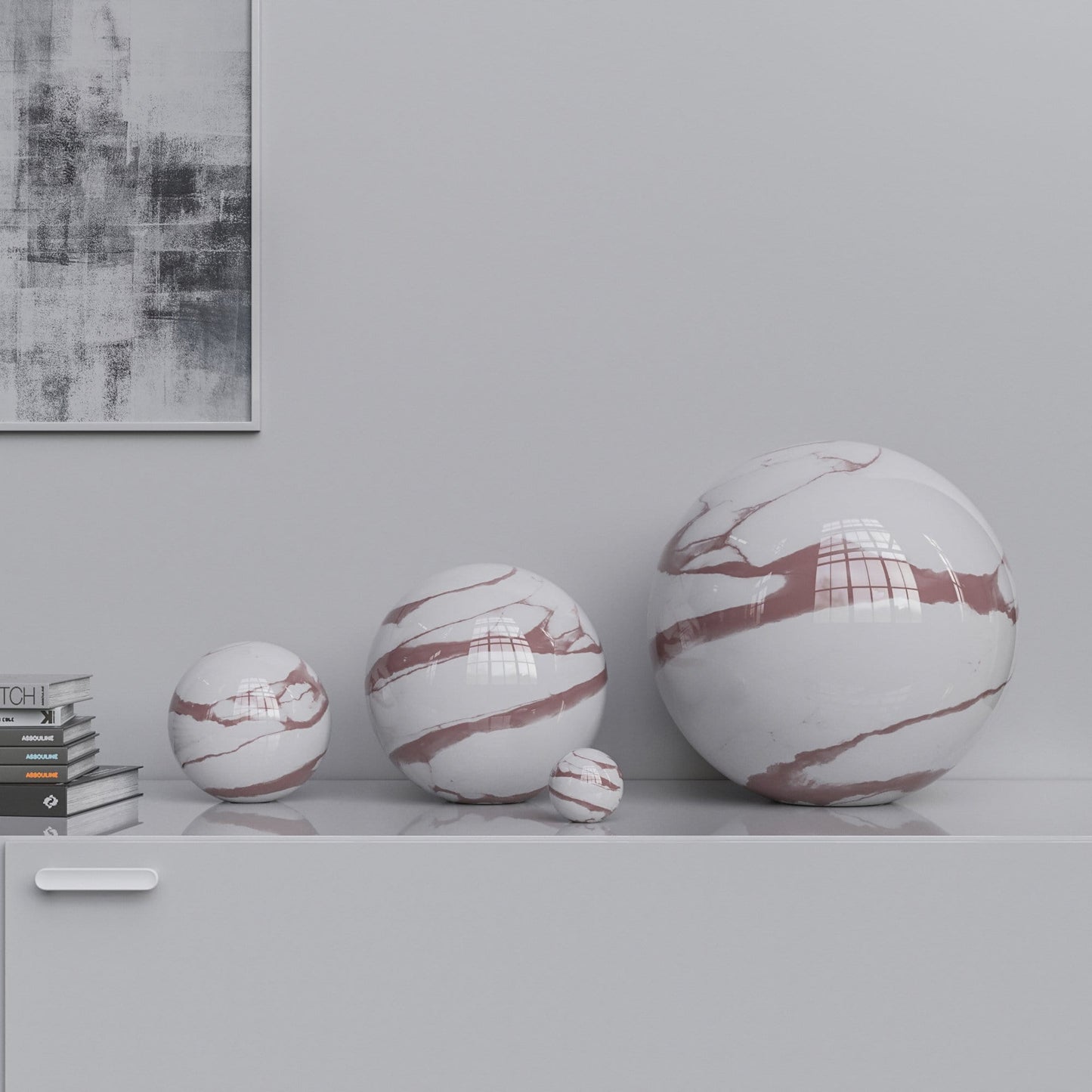 Ceramic Sphere Four Pieces Set - White Marbles - Synchrony Art INC