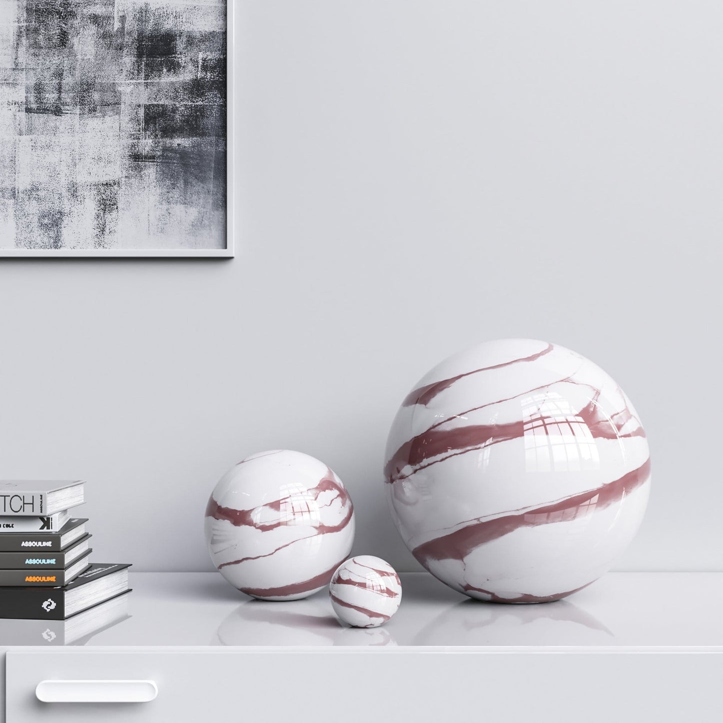 Ceramic Spheres - Three Pieces Set - White Marbles - Synchrony Art INC