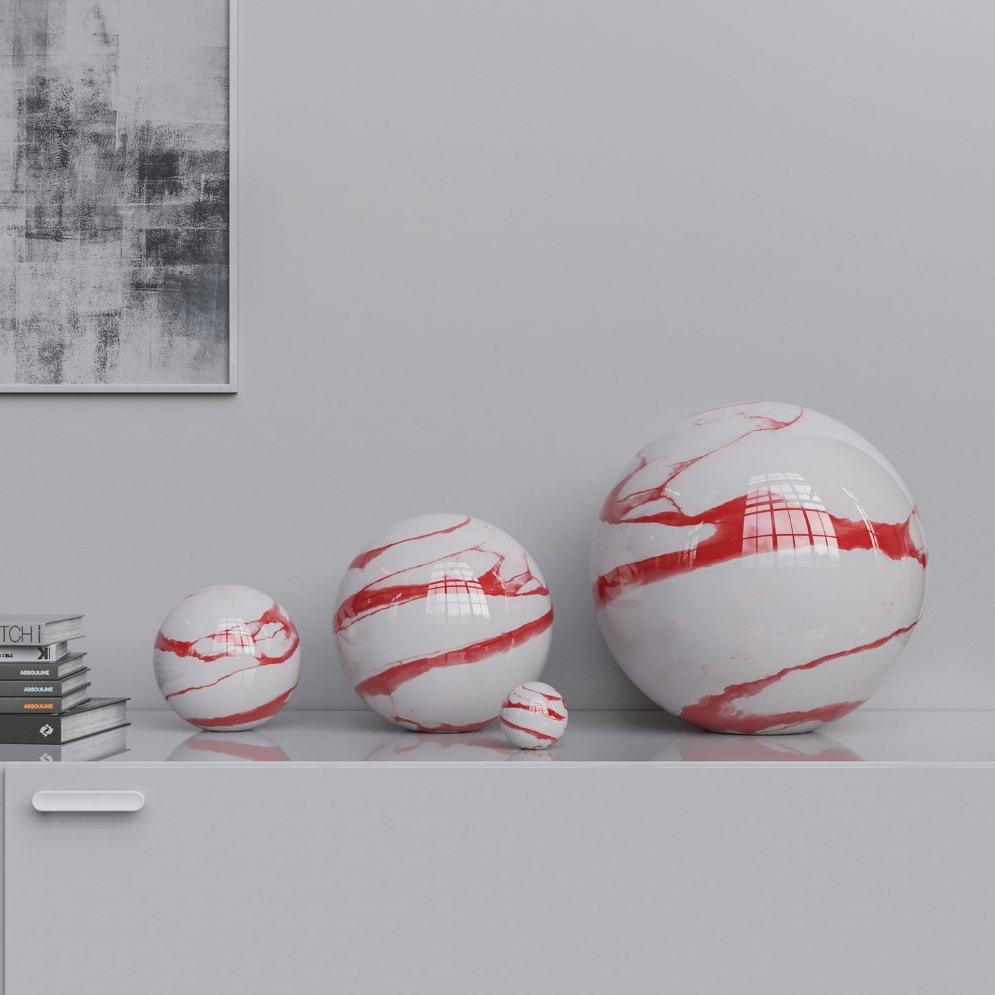 Ceramic Sphere Four Pieces Set - White Marbles - Synchrony Art INC