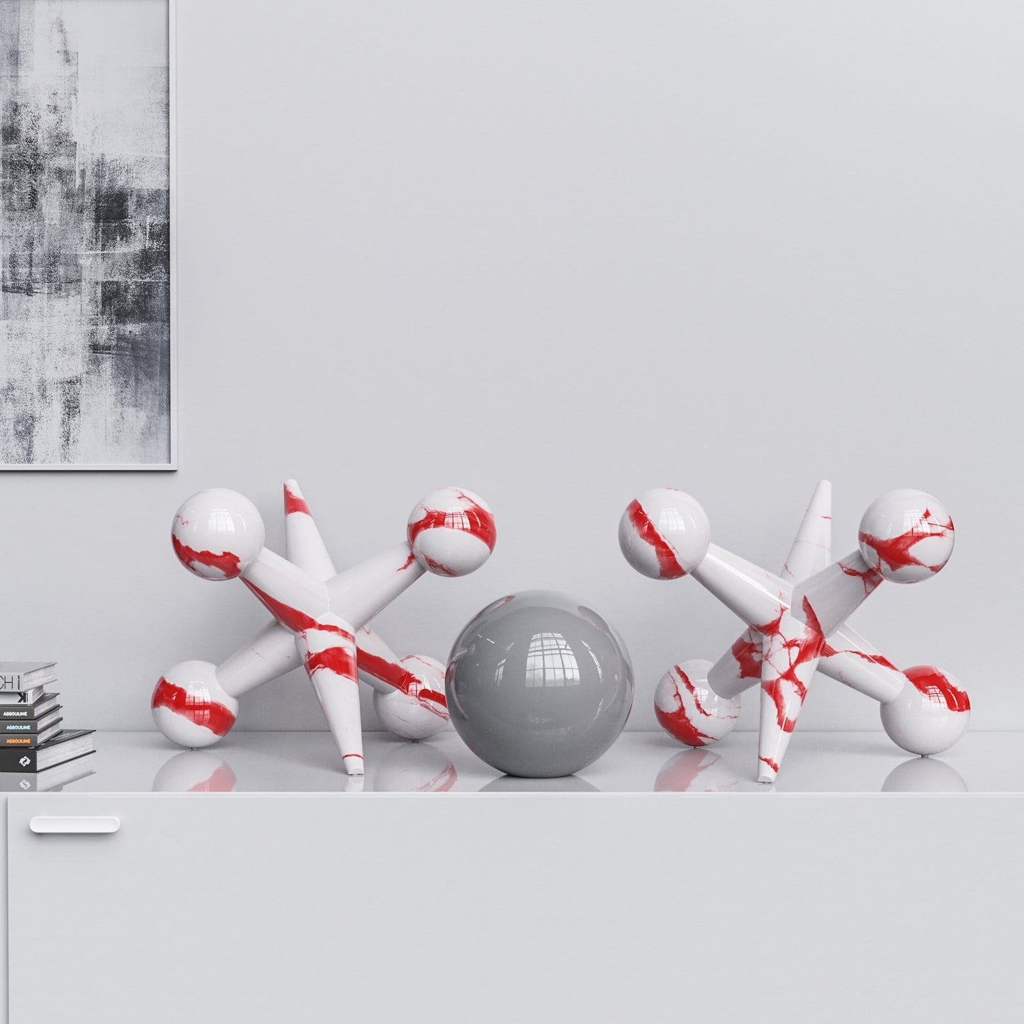 Ceramic 18"Jacks & 10" Ball  Set - White Marbles - Synchrony Art INC