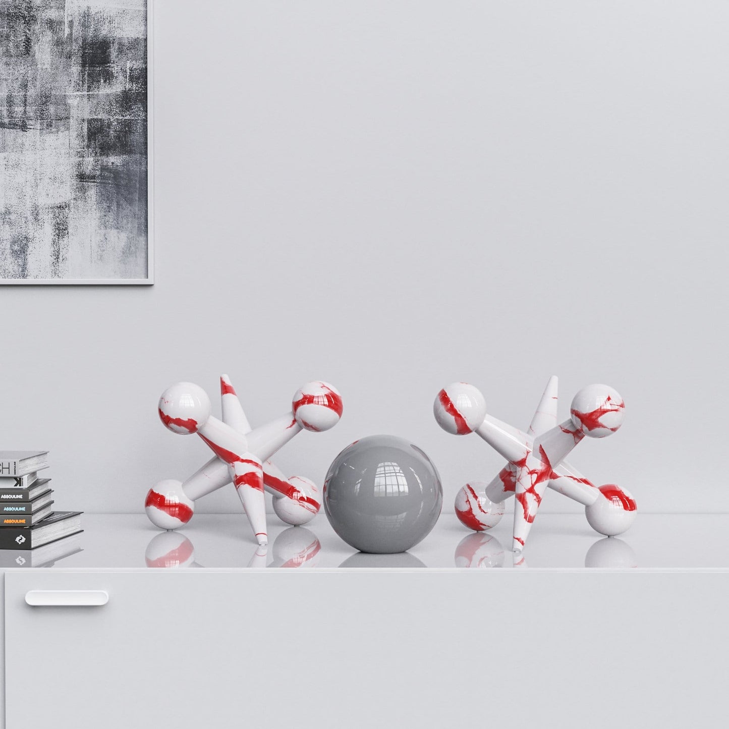 Ceramic 12"Jacks & 7" Ball  Set - White Marbles - Synchrony Art INC