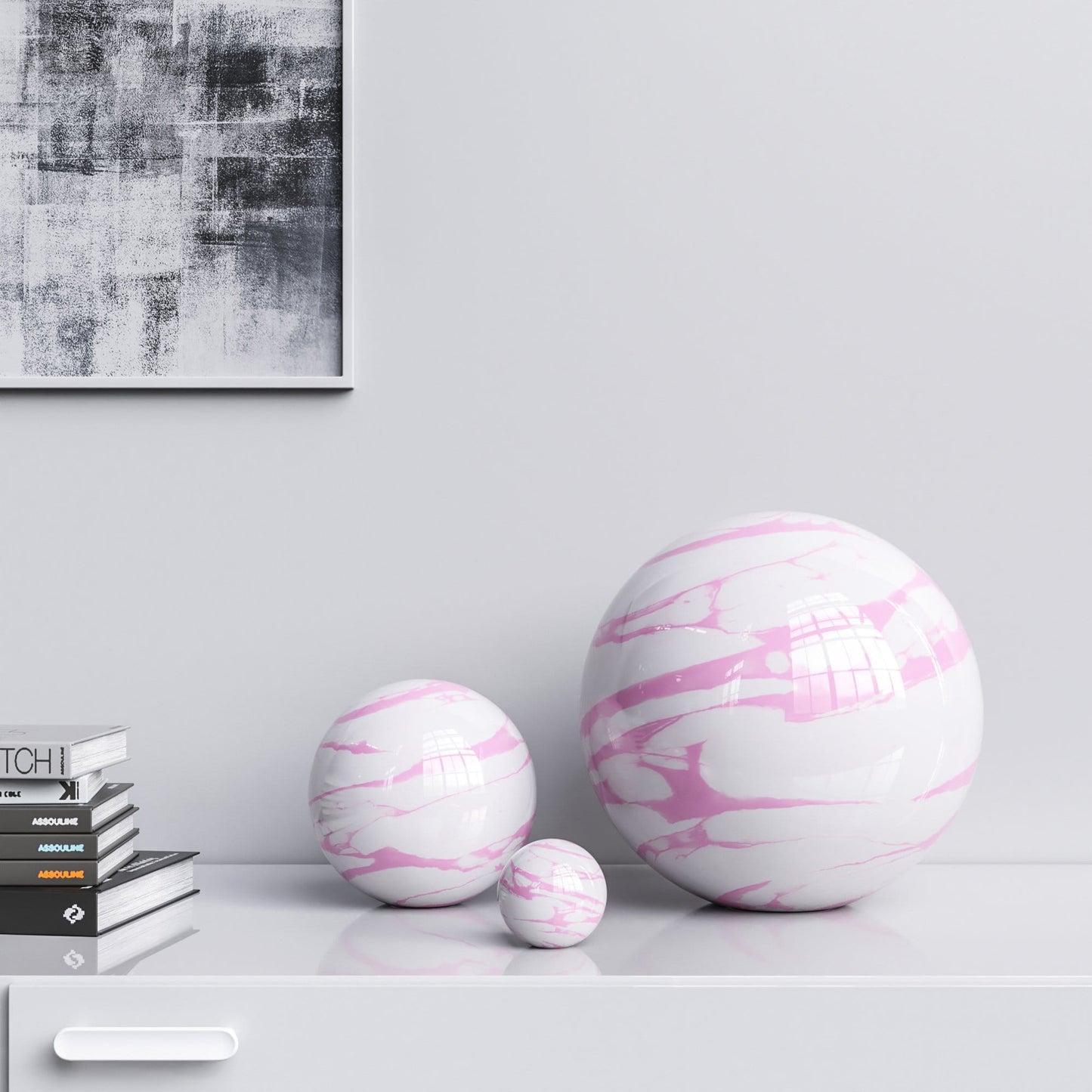 Ceramic Spheres - Three Pieces Set - White Marbles - Synchrony Art INC