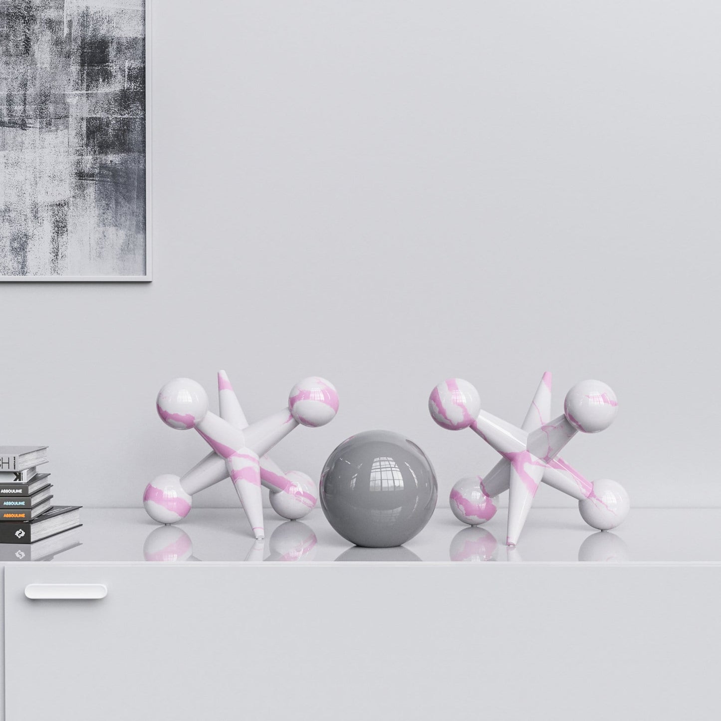 Ceramic 12"Jacks & 7" Ball  Set - White Marbles - Synchrony Art INC