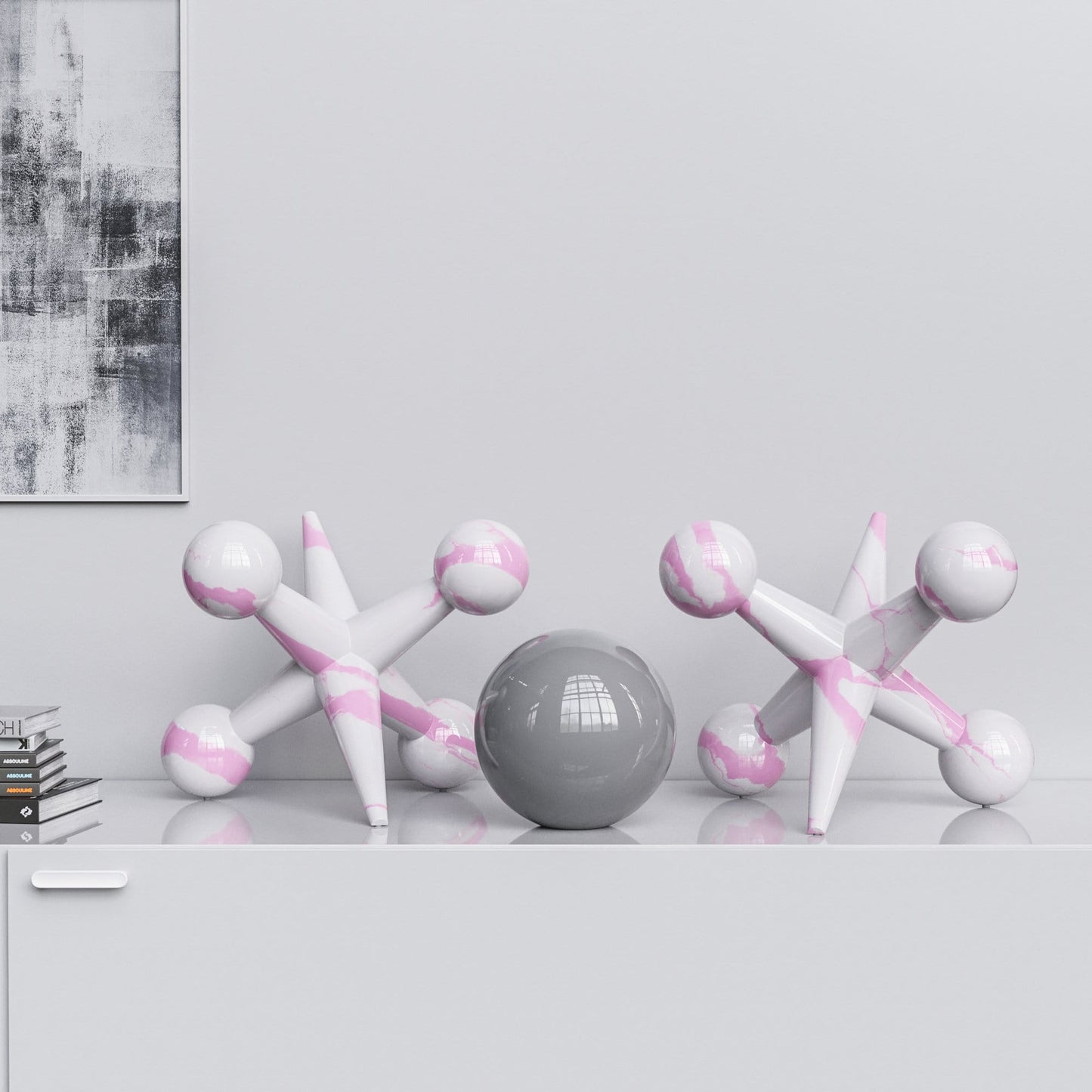 Ceramic 18"Jacks & 10" Ball  Set - White Marbles - Synchrony Art INC