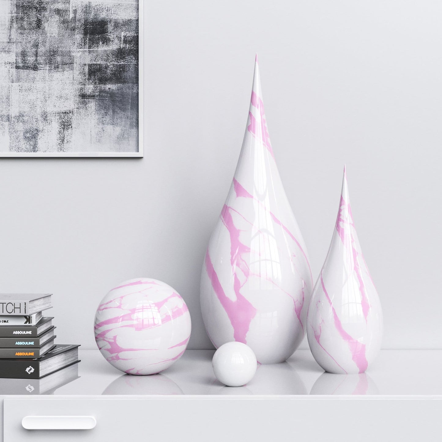 Ceramic Drop & Sphere Set - White Marbles - Synchrony Art INC