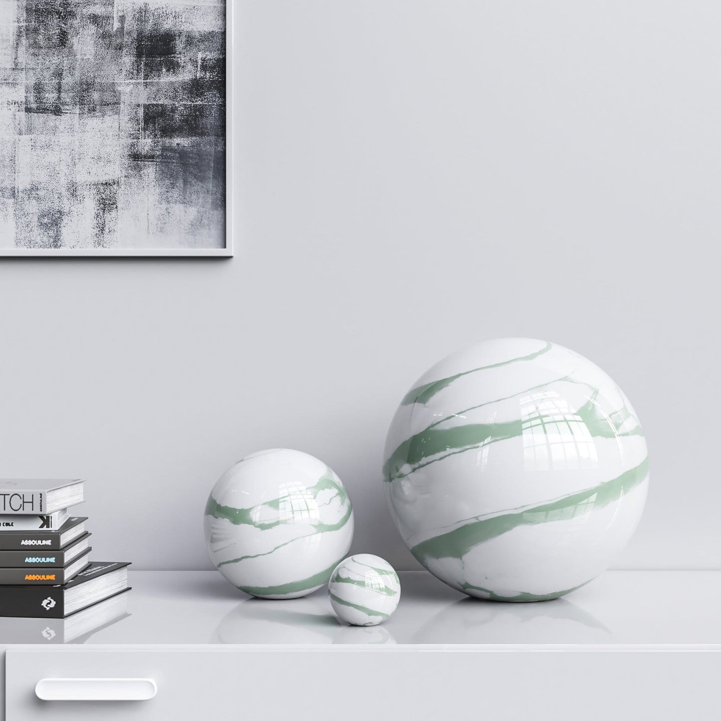 Ceramic Spheres - Three Pieces Set - White Marbles - Synchrony Art INC