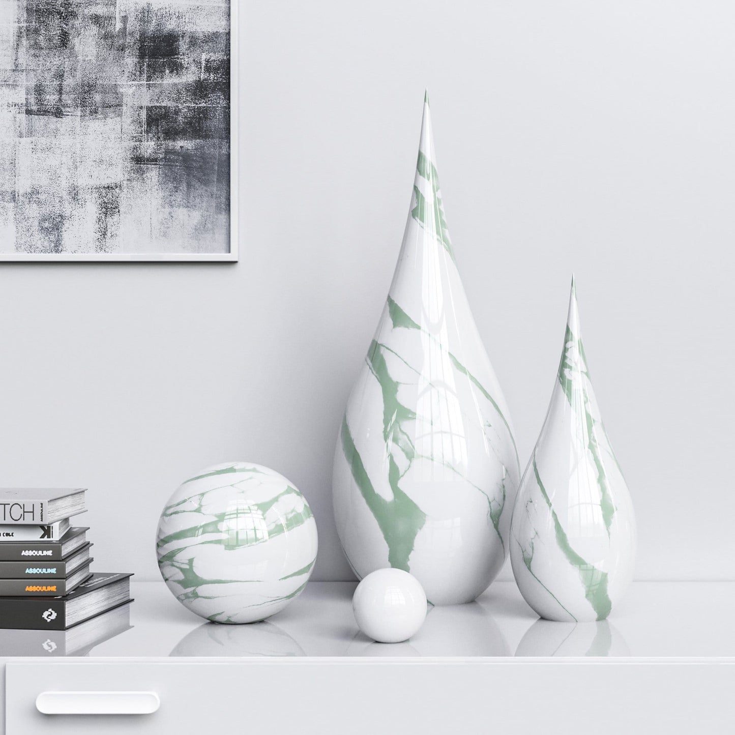 Ceramic Drop & Sphere Set - White Marbles - Synchrony Art INC