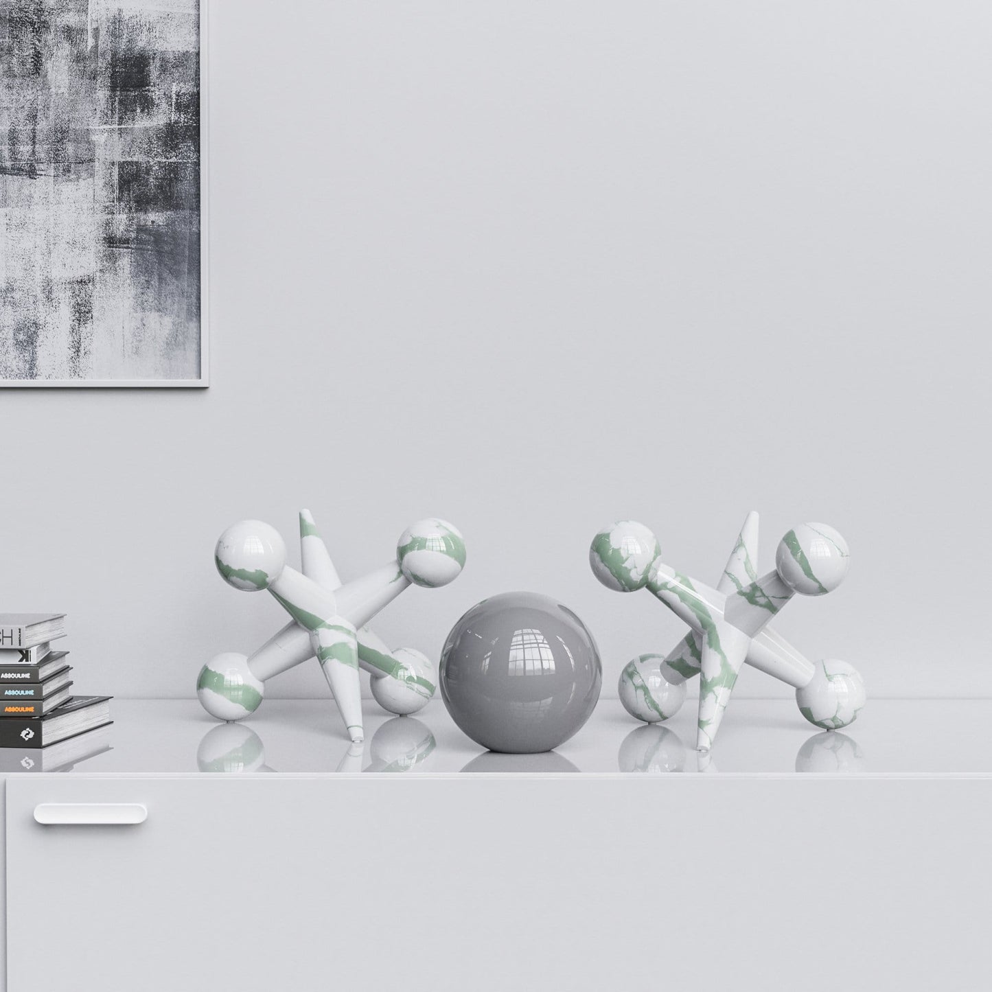 Ceramic 12"Jacks & 7" Ball  Set - White Marbles - Synchrony Art INC