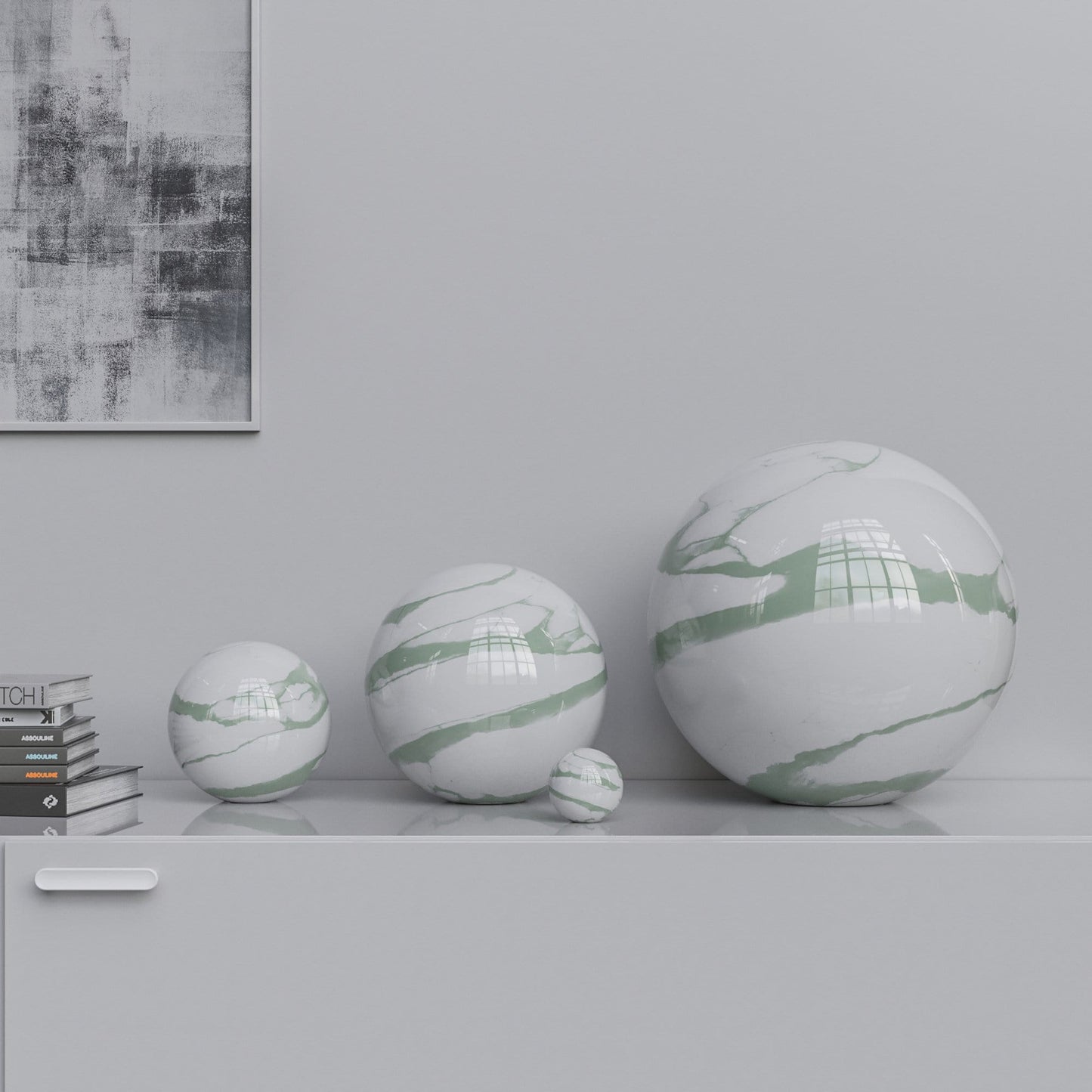 Ceramic Sphere Four Pieces Set - White Marbles - Synchrony Art INC