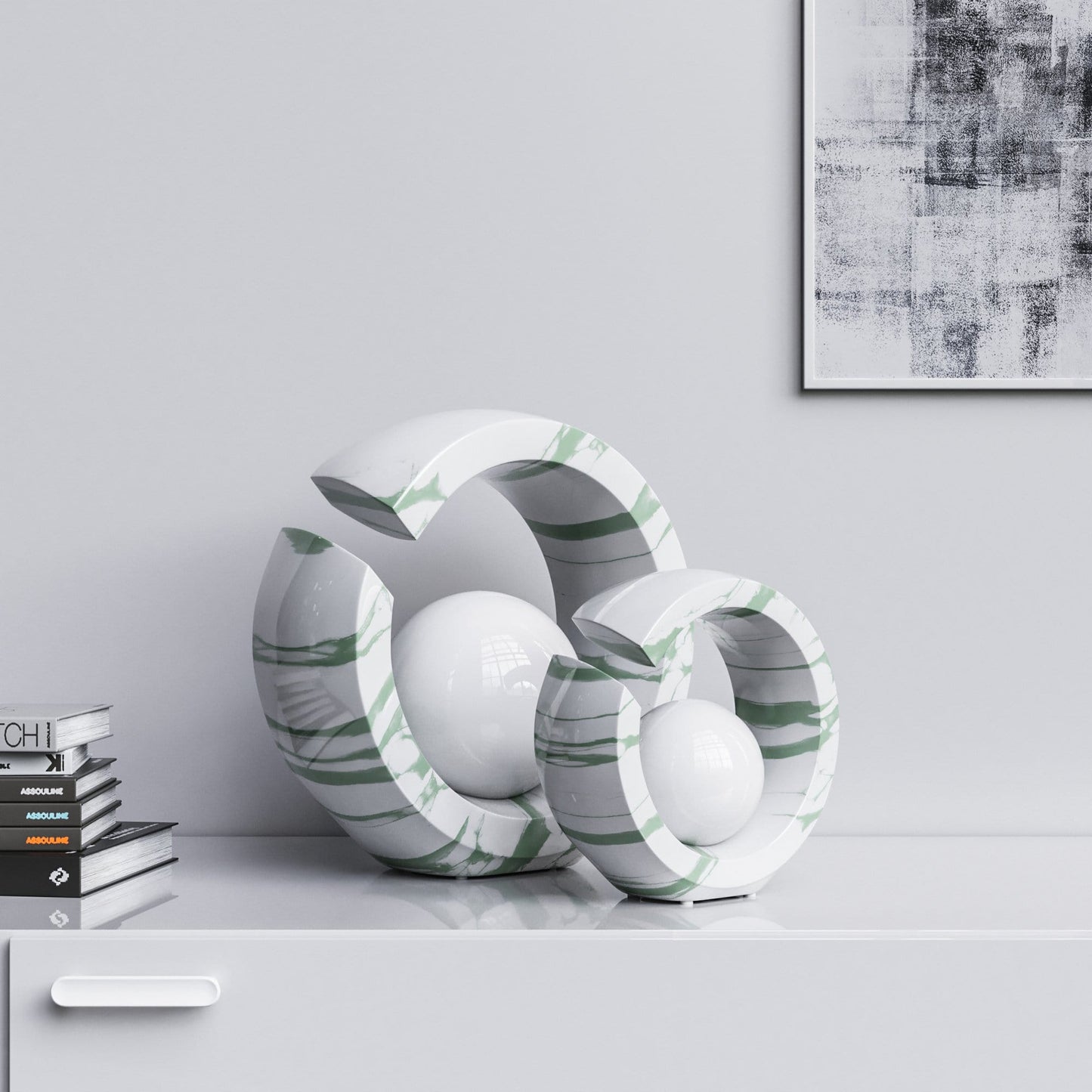 Ceramic Rings & Ball Set - White Marbles - Synchrony Art INC