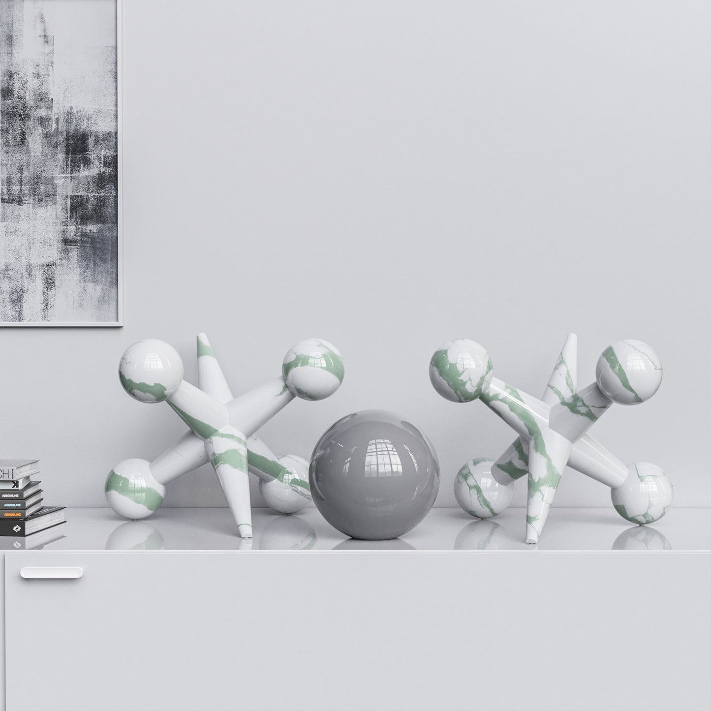 Ceramic 18"Jacks & 10" Ball  Set - White Marbles - Synchrony Art INC