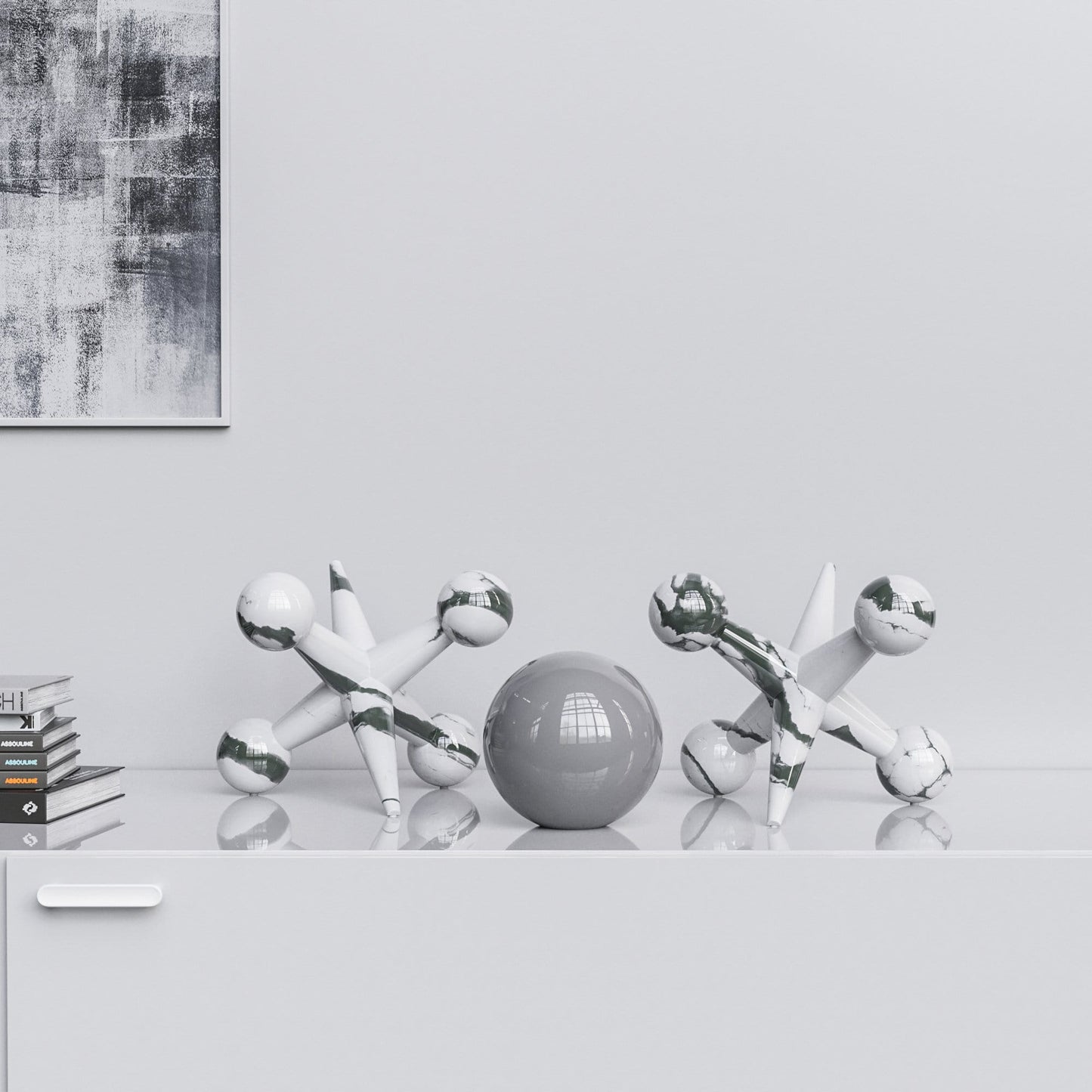 Ceramic 12"Jacks & 7" Ball  Set - White Marbles - Synchrony Art INC