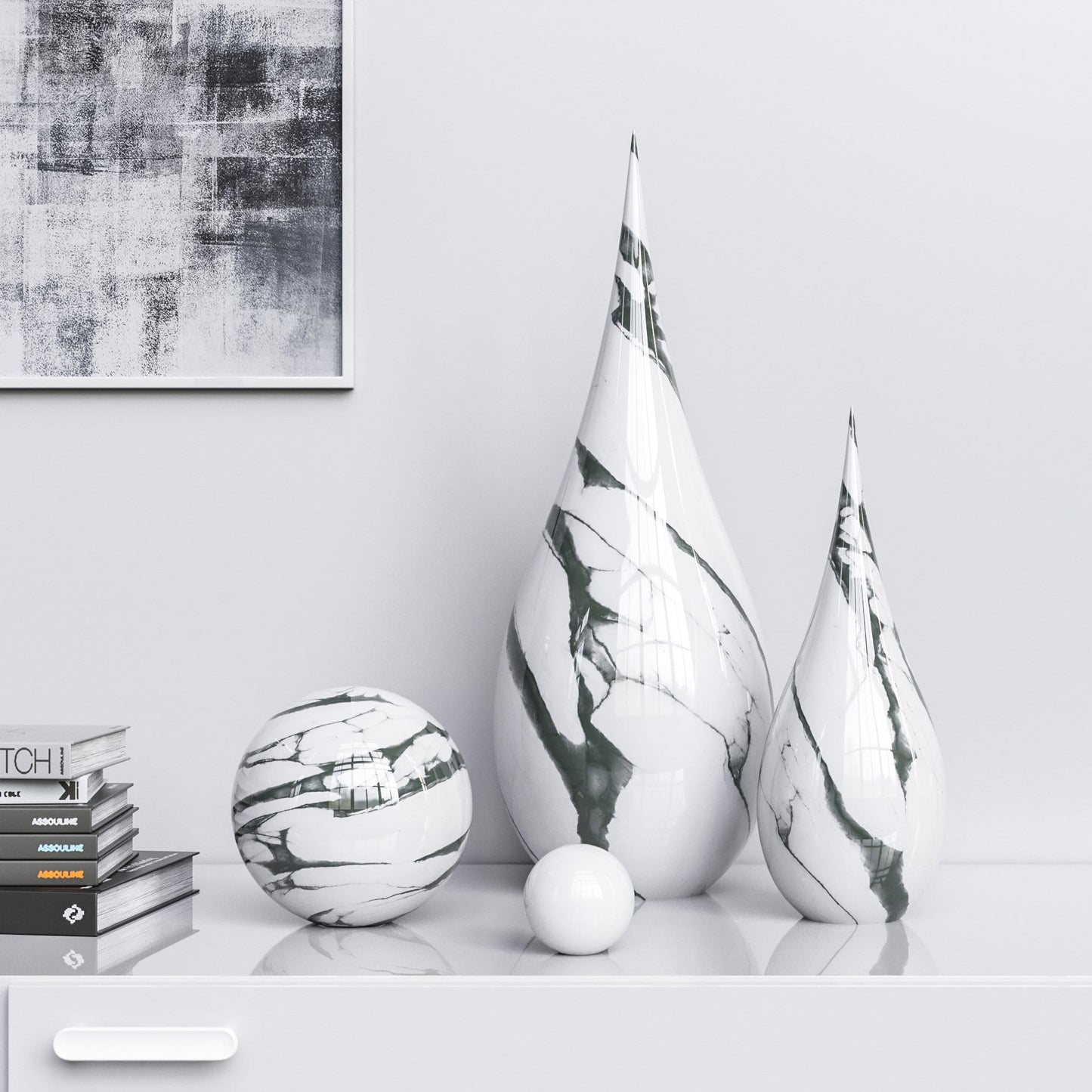 Ceramic Drop & Sphere Set - White Marbles - Synchrony Art INC