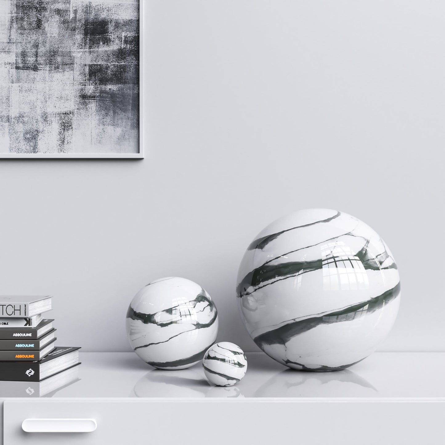 Ceramic Spheres - Three Pieces Set - White Marbles - Synchrony Art INC