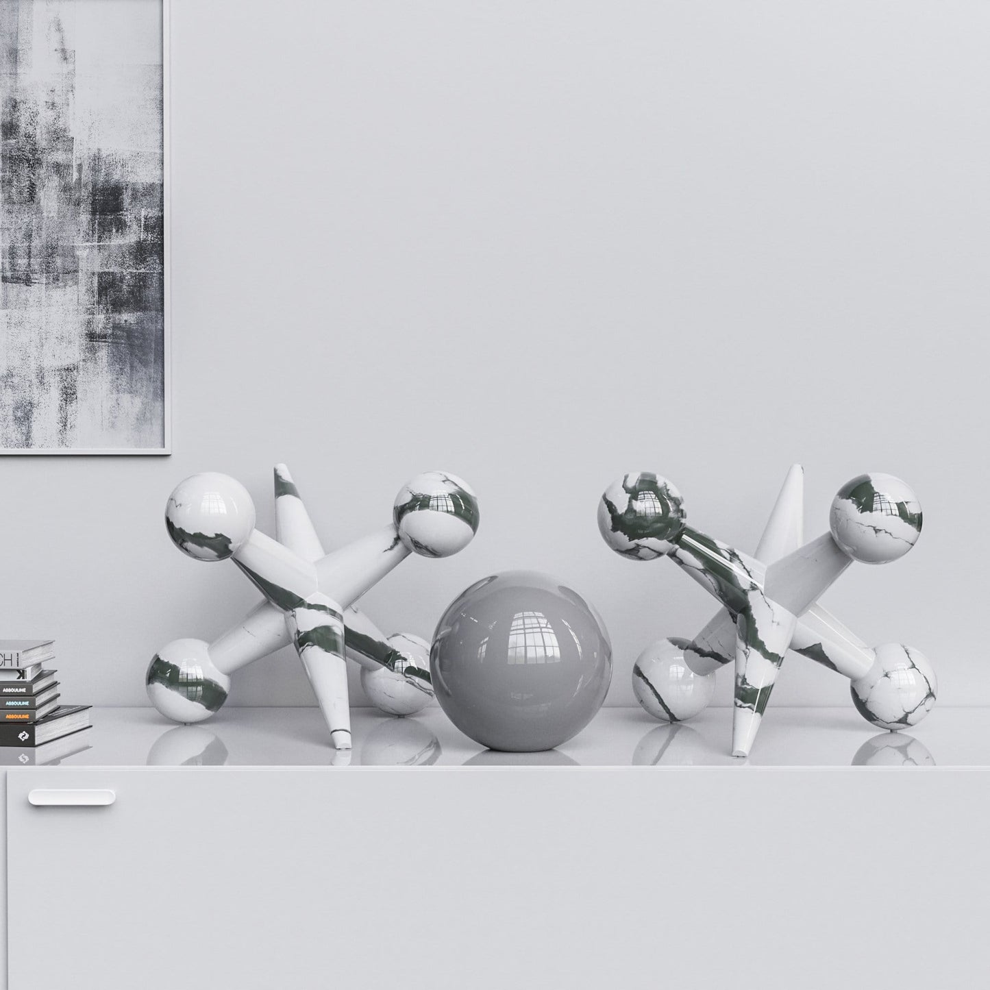 Ceramic 18"Jacks & 10" Ball  Set - White Marbles - Synchrony Art INC