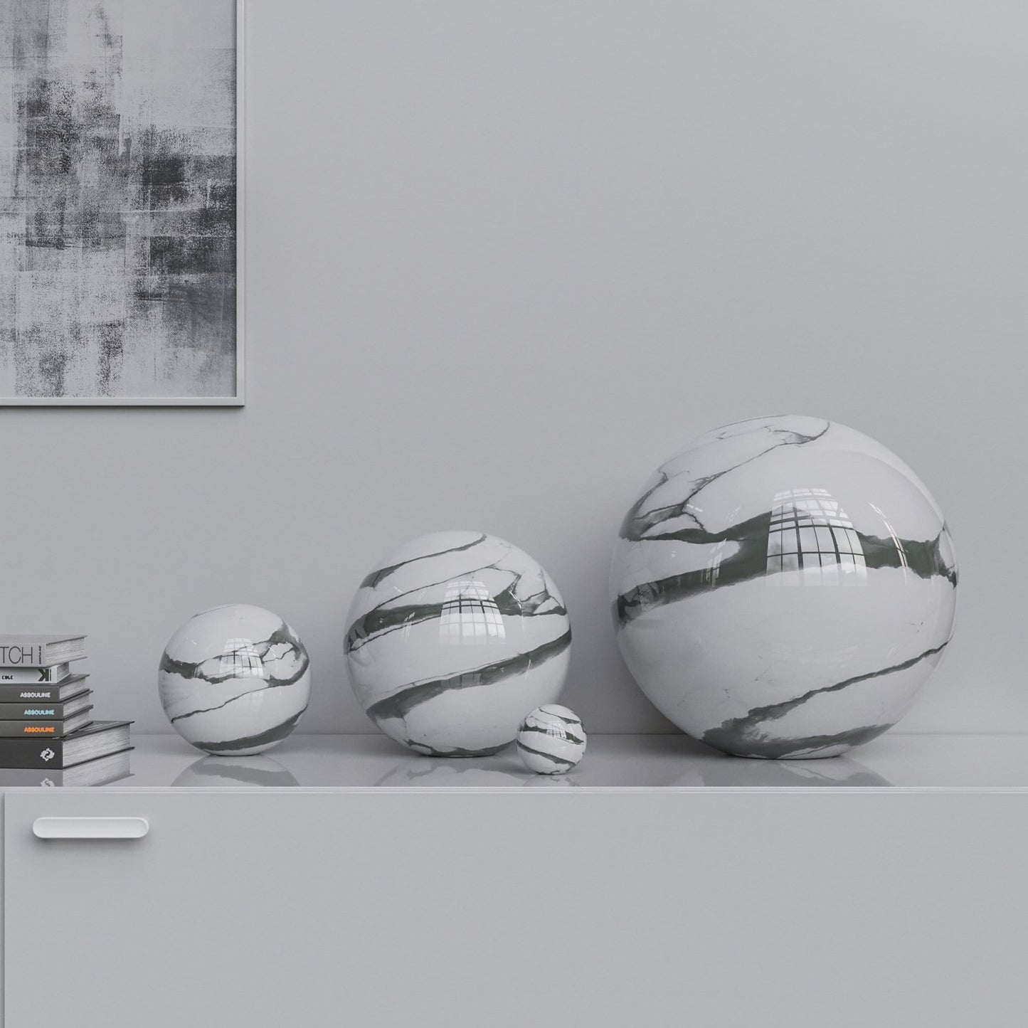 Ceramic Sphere Four Pieces Set - White Marbles - Synchrony Art INC