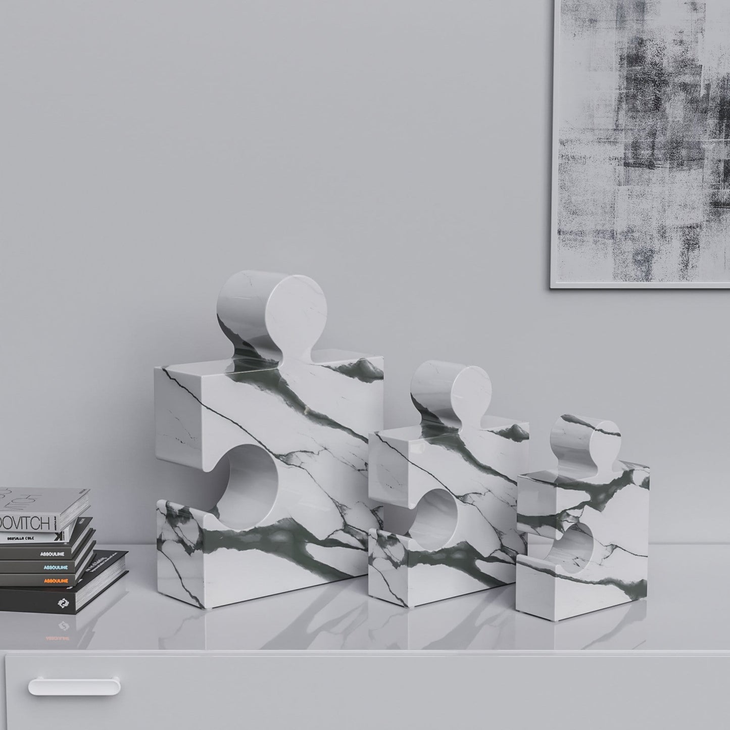 Ceramic Three Puzzles Set (Enhanced) - White Marbles - Synchrony Art INC