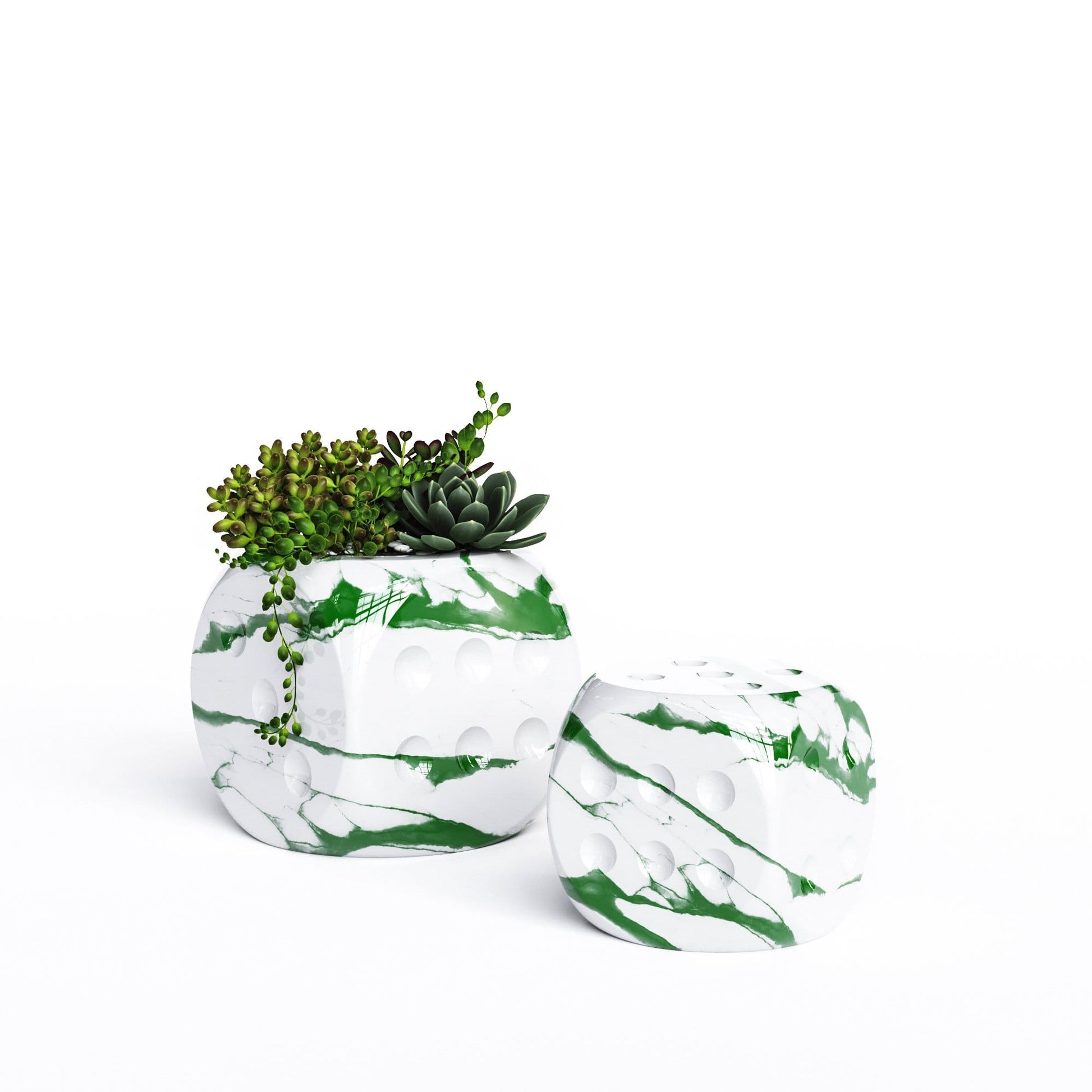 Ceramic Dice & Plants Set - White Marbles - Synchrony Art INC