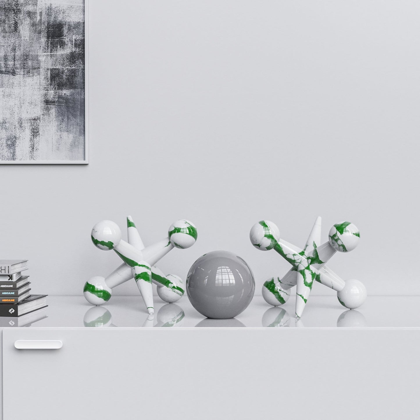Ceramic 12"Jacks & 7" Ball  Set - White Marbles - Synchrony Art INC
