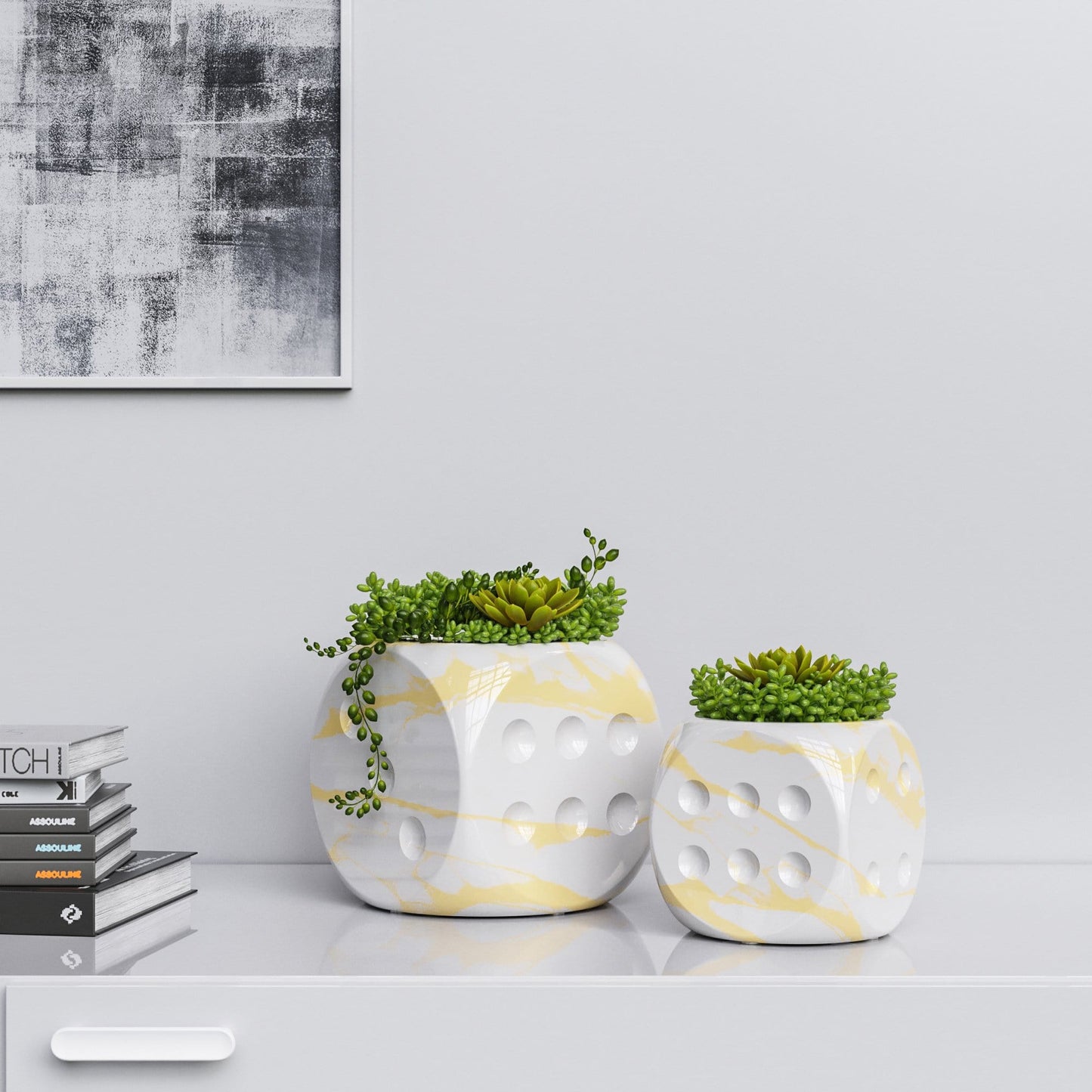 Ceramic Dice & Plants Set - White Marbles - Synchrony Art INC