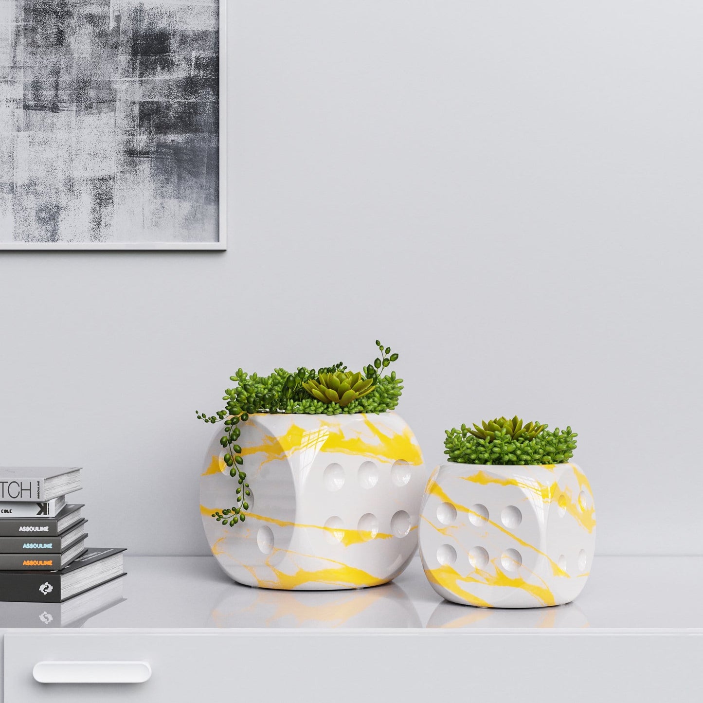 Ceramic Dice & Plants Set - White Marbles - Synchrony Art INC