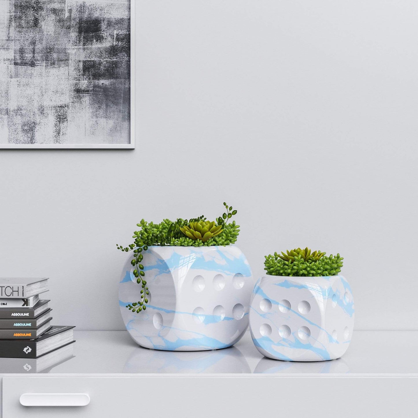 Ceramic Dice & Plants Set - White Marbles - Synchrony Art INC