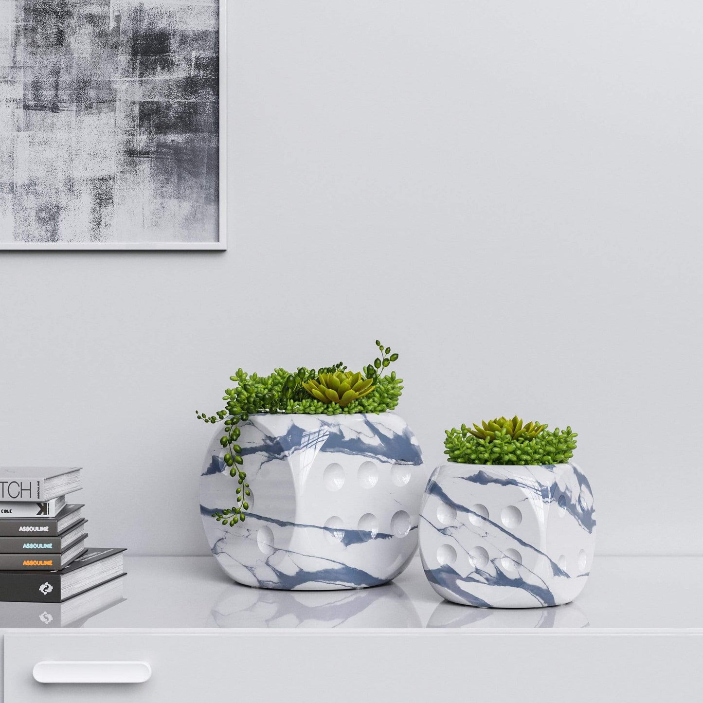 Ceramic Dice & Plants Set - White Marbles - Synchrony Art INC