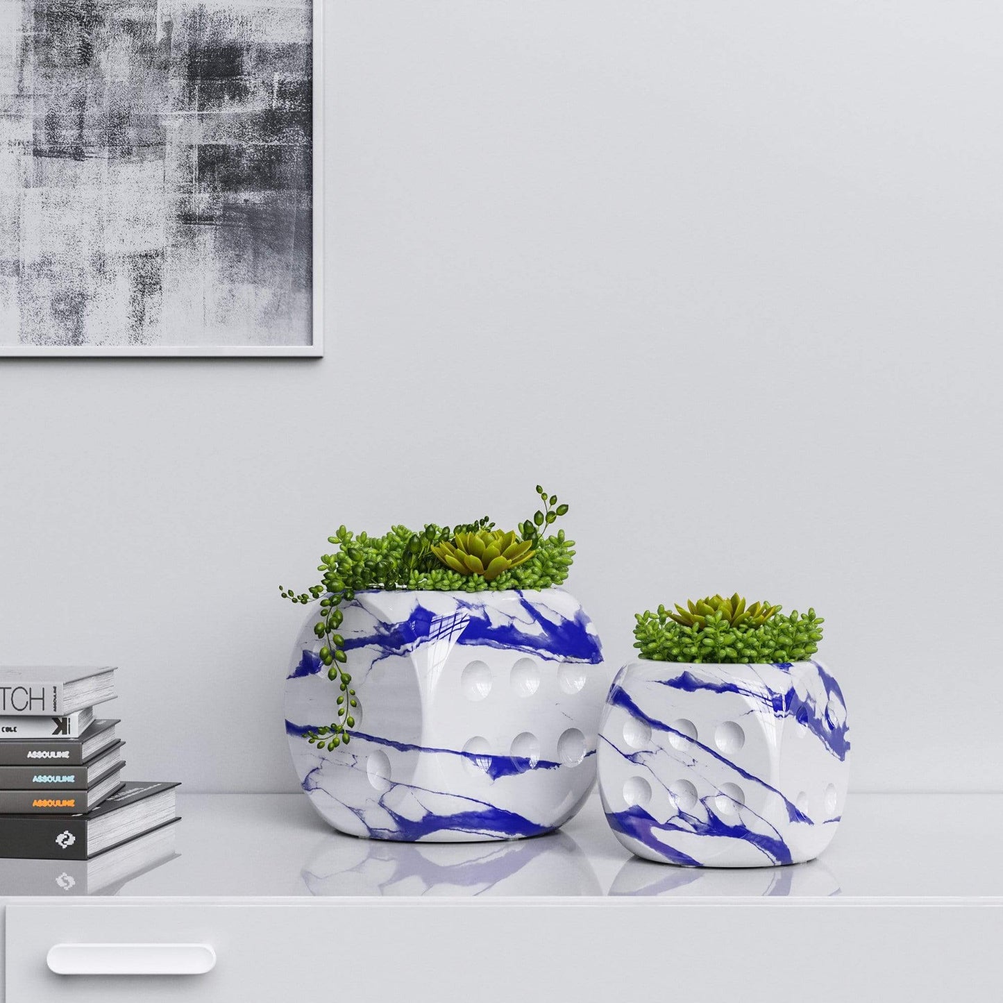 Ceramic Dice & Plants Set - White Marbles - Synchrony Art INC