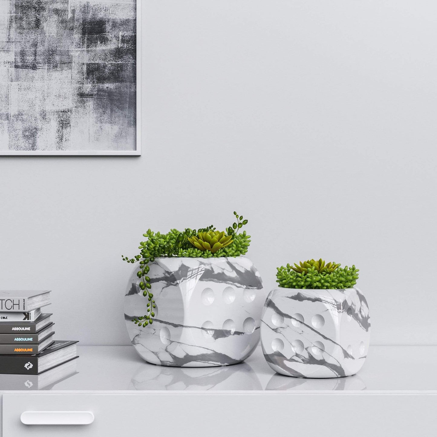 Ceramic Dice & Plants Set - White Marbles - Synchrony Art INC