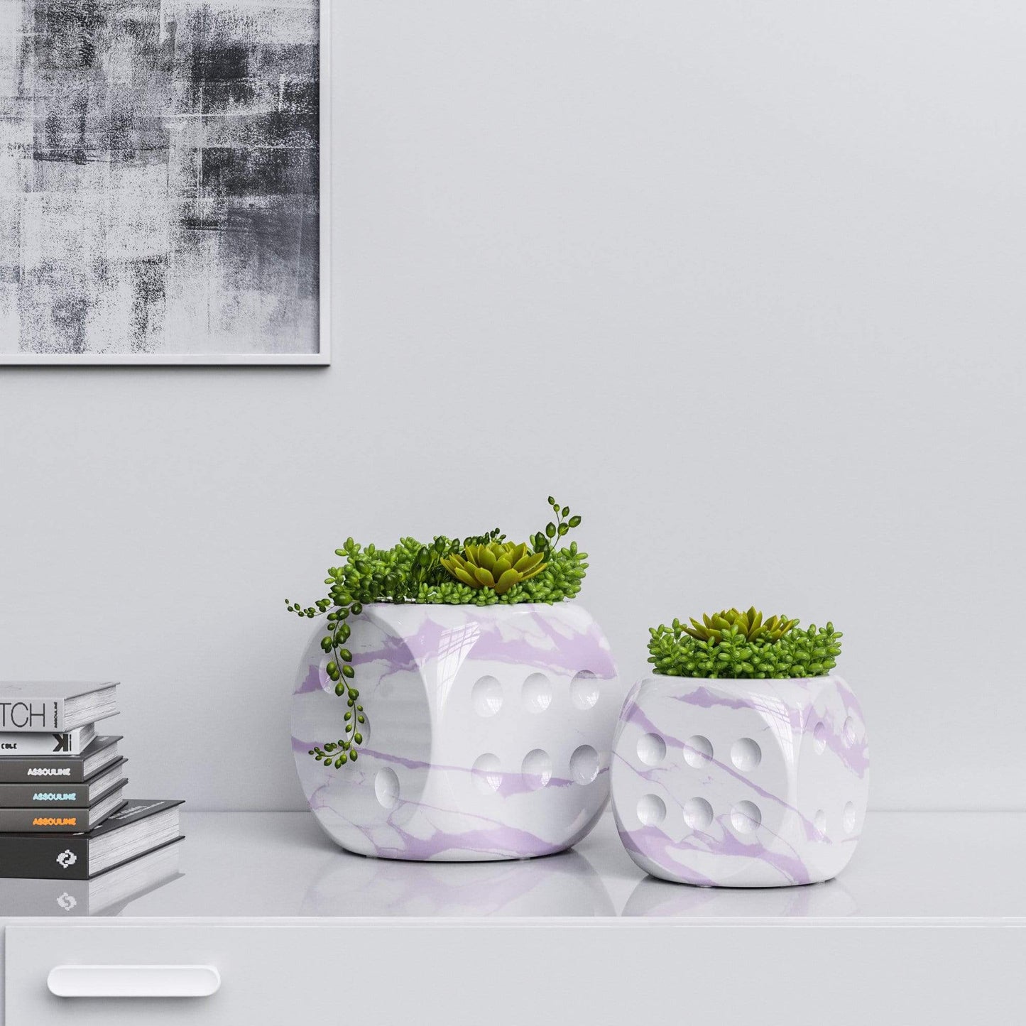 Ceramic Dice & Plants Set - White Marbles - Synchrony Art INC