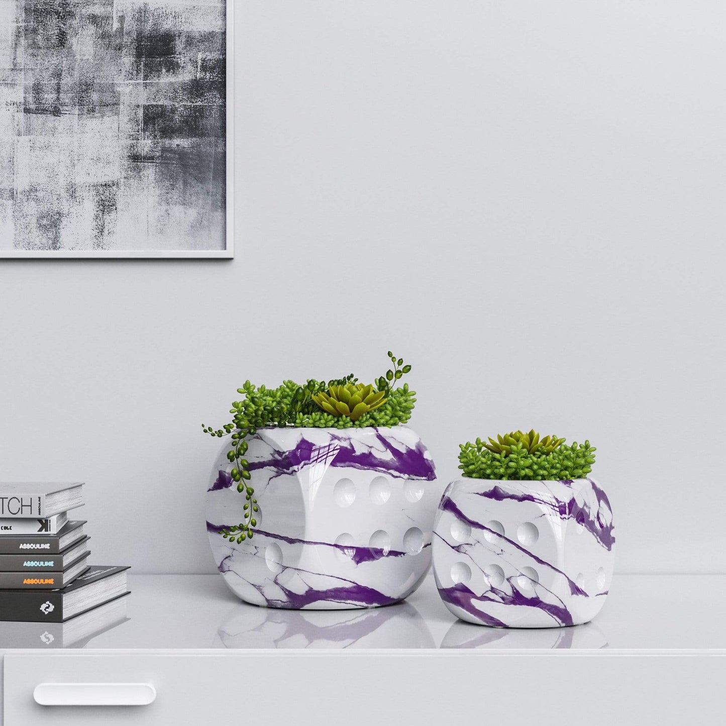 Ceramic Dice & Plants Set - White Marbles - Synchrony Art INC
