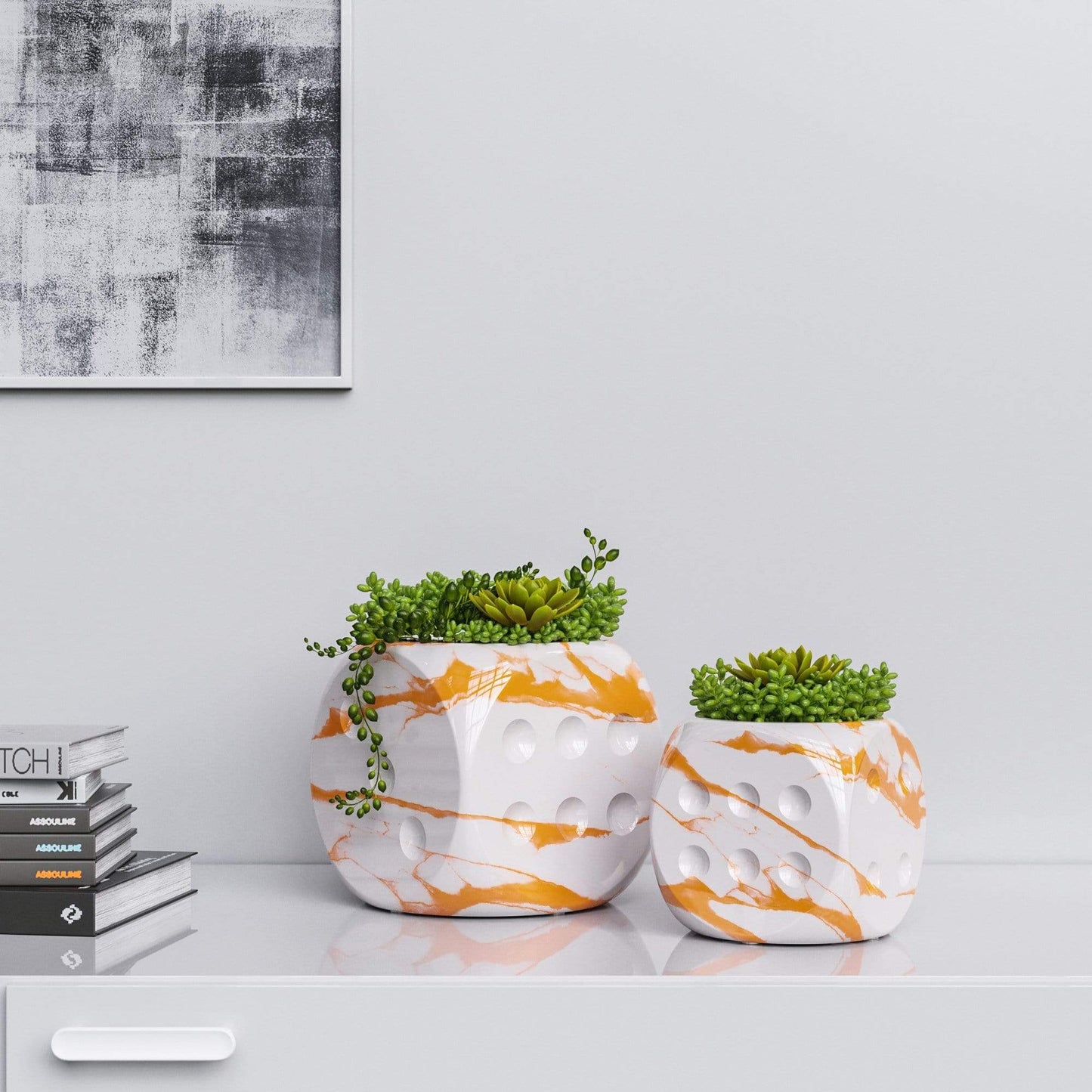 Ceramic Dice & Plants Set - White Marbles - Synchrony Art INC