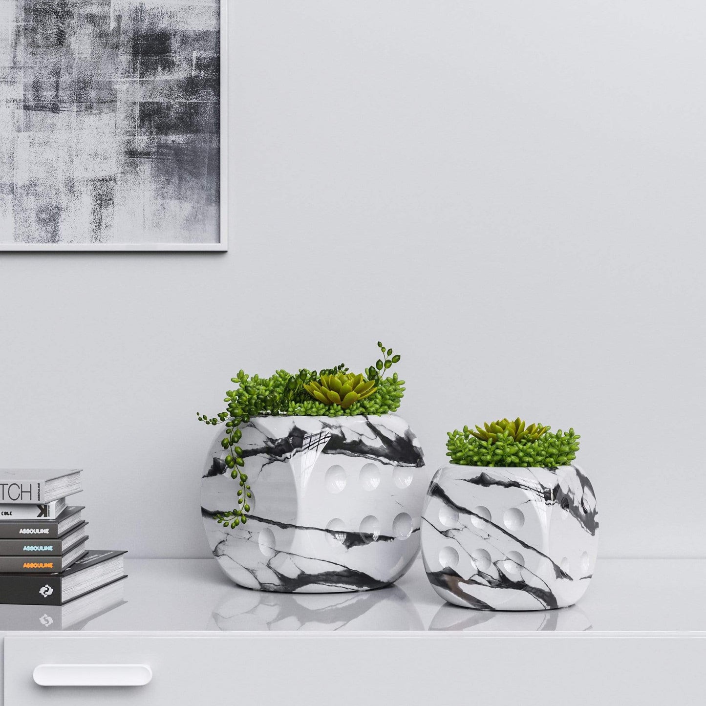 Ceramic Dice & Plants Set - White Marbles - Synchrony Art INC